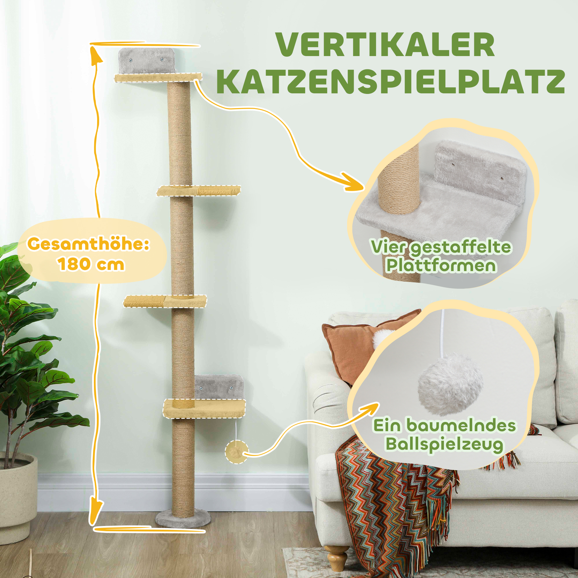Katzenkratzbaum, 5-stufiges Design, Spielzeug, Sisalpfosten, Plüschstoff, Hellgrau