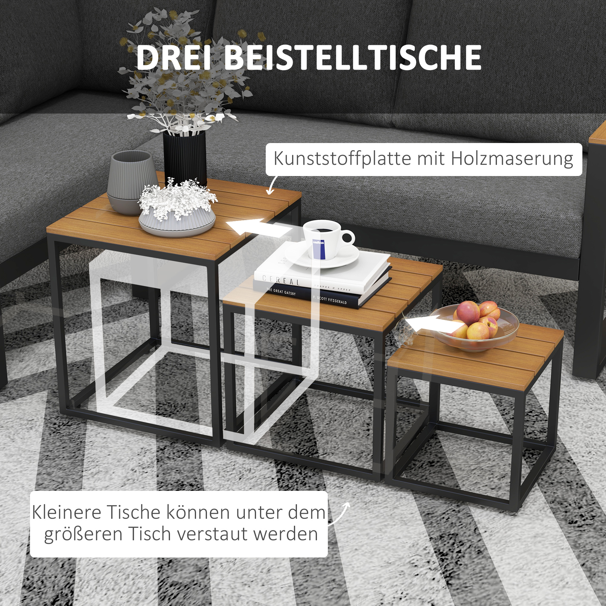 Outdoorsitzgruppe 5-teiliges Loungemöbelsicht Gartenmöbelset, 148 cm x 61 cm x 71,5 cm, Grau + Natur