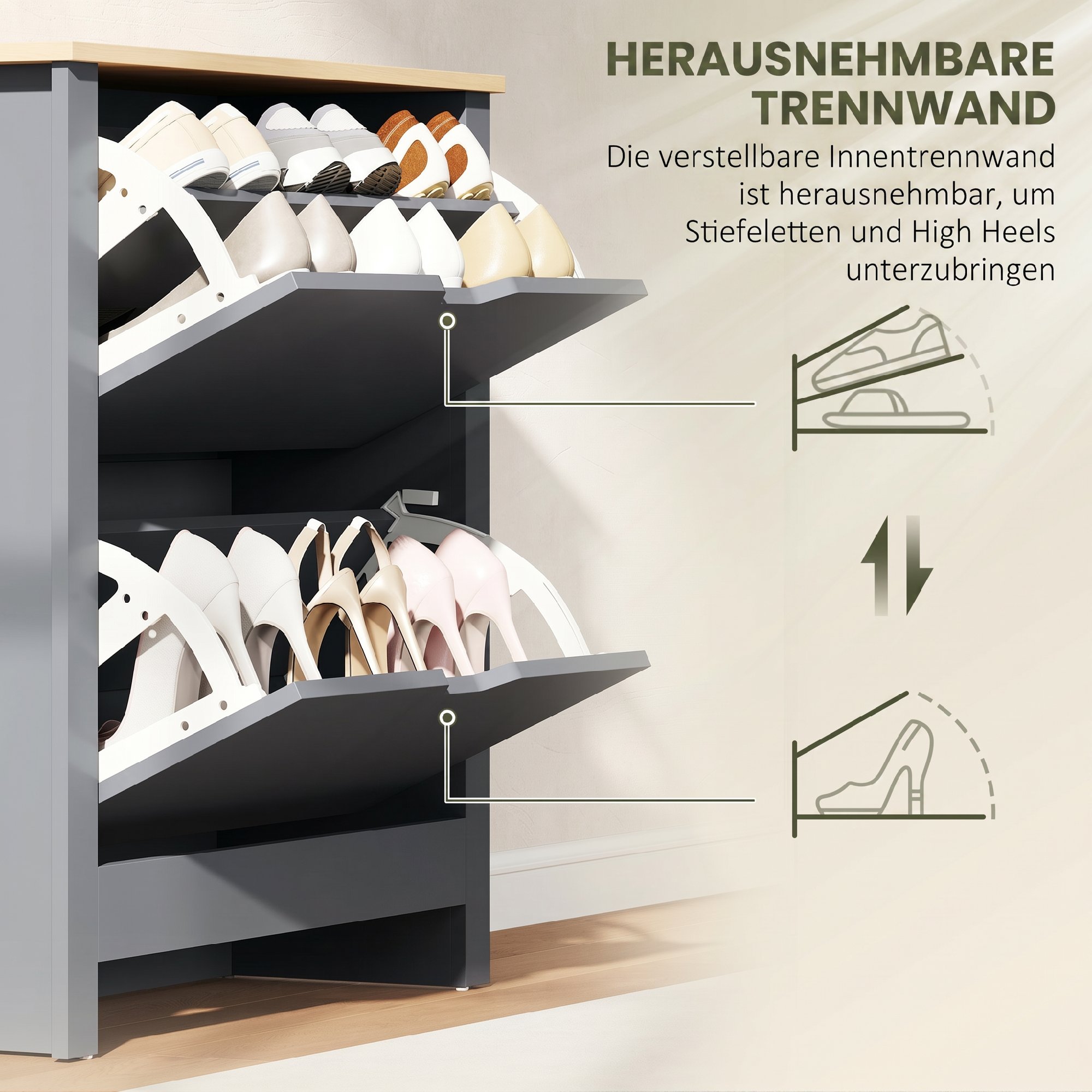 Schuhschrank mit 2 Klappfächern, verstellbar Trennwand für 8-12 Paar Schuhe, 72 x 26 x 80 cm, Dunkelgrau