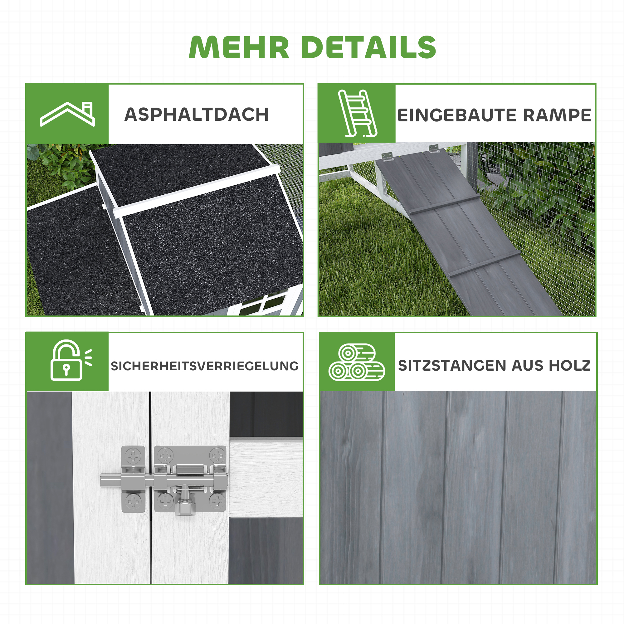 Hühnerstall mit Auslauf für 3-4 Hühner, 3-tlg. Nistkasten, 1,9 m² Fläche, Tannenholz, Grau