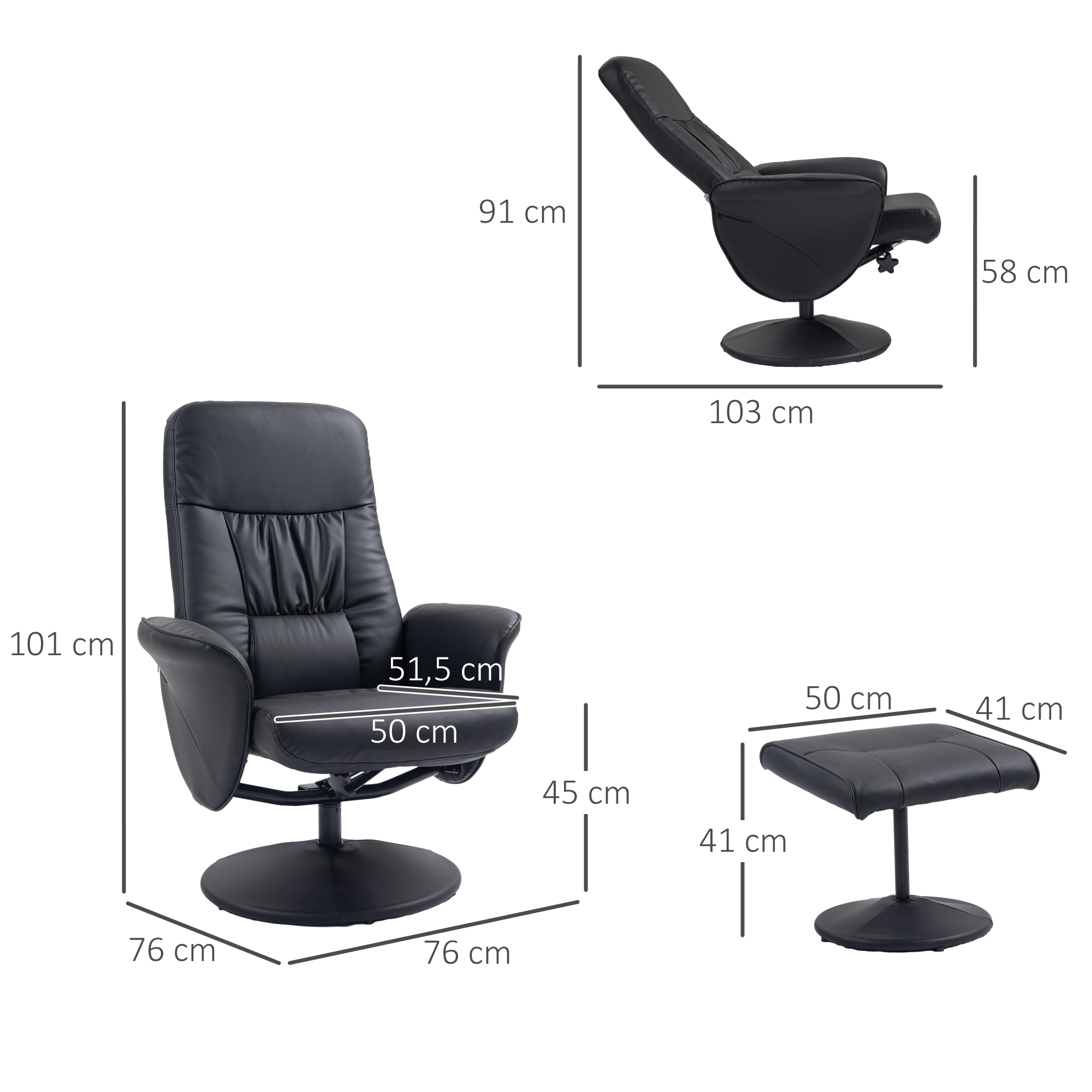 2-teiliges Sessel-Set Sessel mit Fußhocker Relaxsessel mit Fußhocker, höhenverstellbar, neigbare Rückenlehne, Schwarz