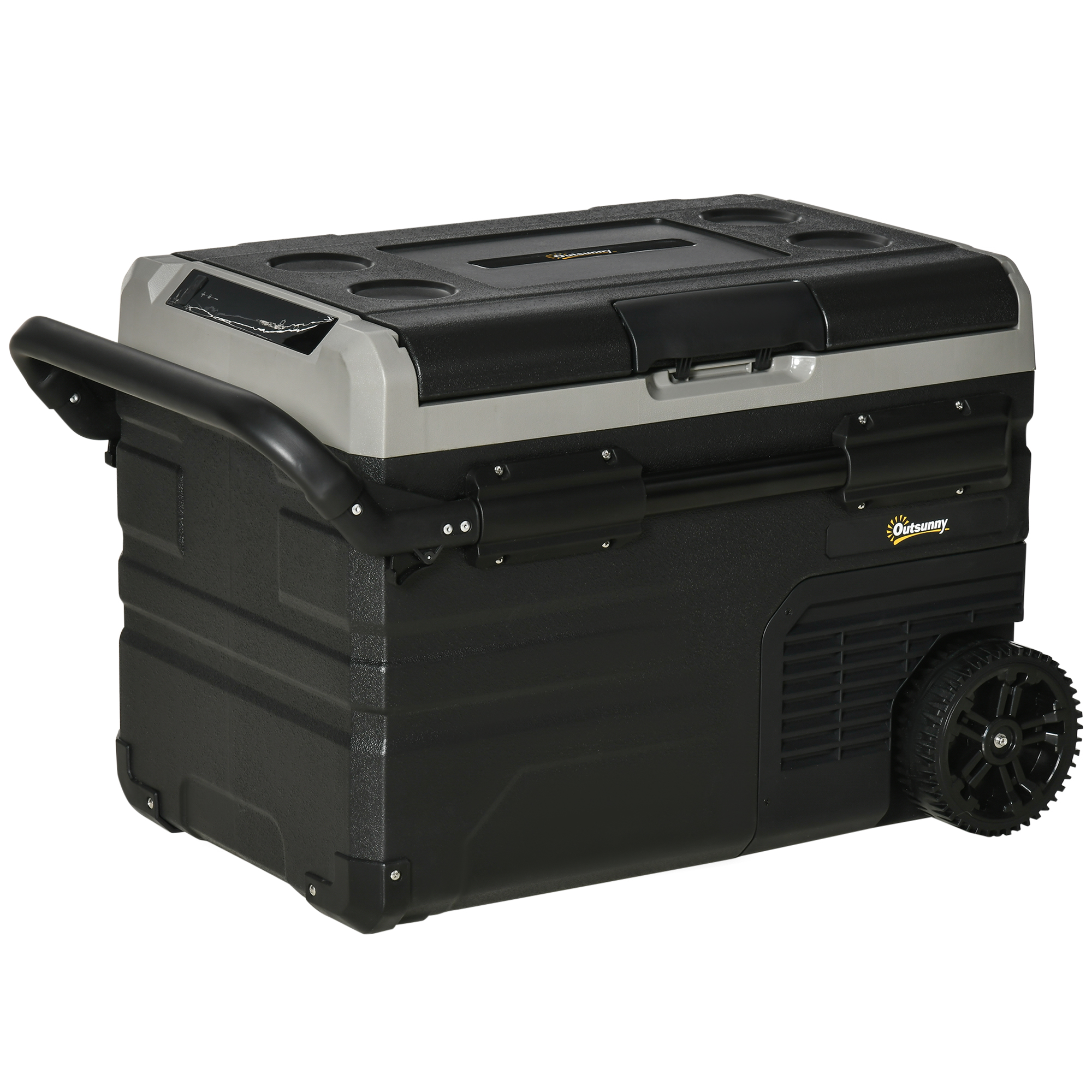 Kühlbox Auto 40L mit LED-Beleuchtung Kompressor Autokühlschrank mit Griffe Transportrollen Boot Camper Reisen 12/24V DC und 110-240V AC Grau+Schwarz