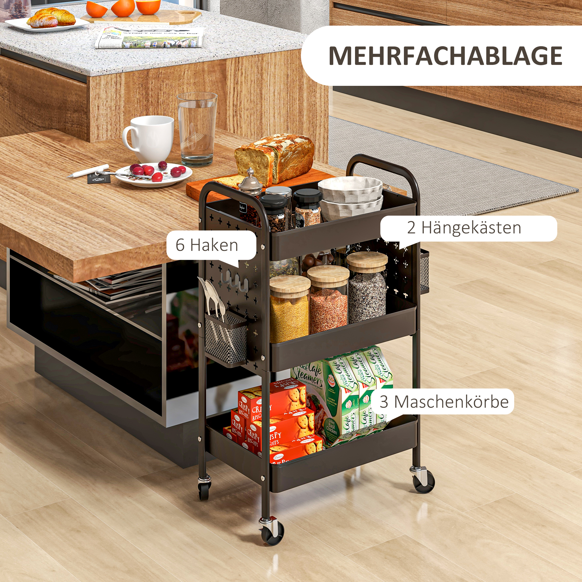 Mehrzweckwagen Rollwagen Küchenwagen, 3 Regale, 4 Rollen, 53,5 cm x 30,5 cm x 75 cm, Schwarz