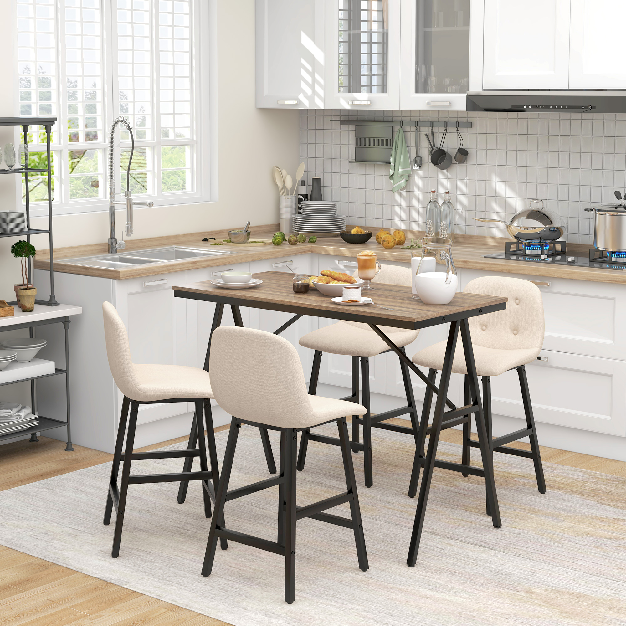 Bargarnitur 5-teilig, Tisch und 4 Stühle, Knopfheftung, dicke Polsterung, Leinenoptik, Beige
