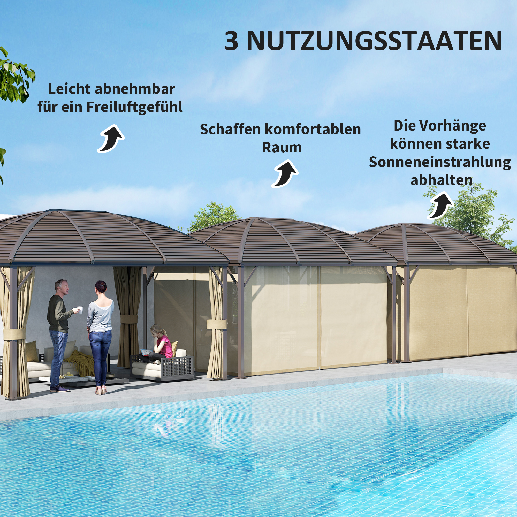 Gartenpavillon, Partyzelt, Festzelt, 4 x Doppel-Seitenteile, wasserdicht, 2 Laternenhaken, ca. 4 x 3 x 2,8 m, Braun