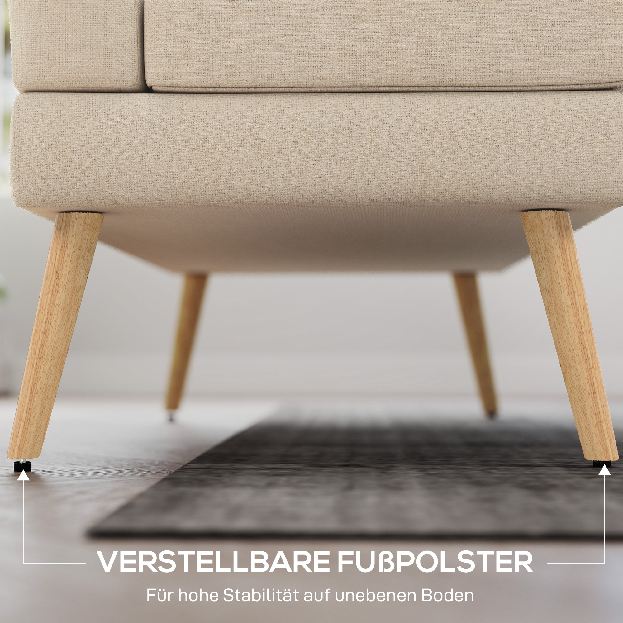 2-Sitzer-Sofa, getuftete Rückenlehne, Holzbeine, dicke Polsterung, Leinenoptik, für kleine Räume, Beige