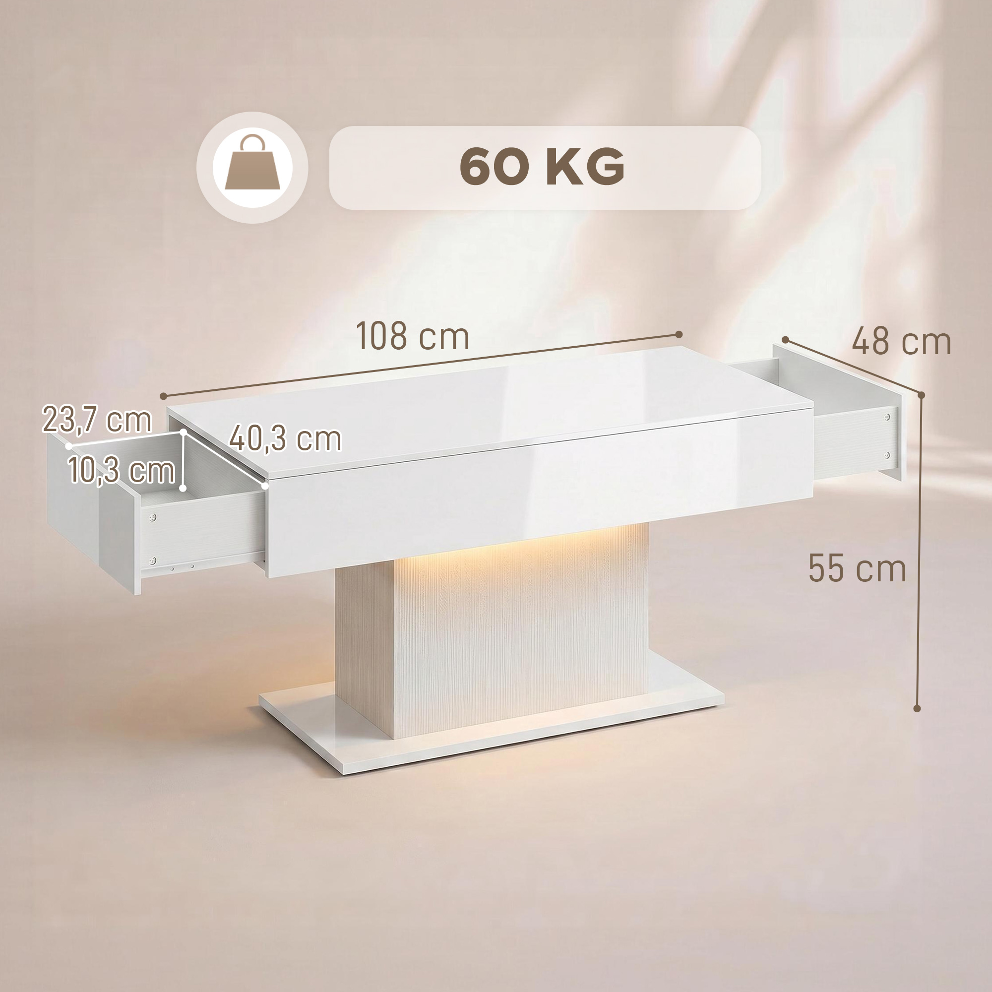 LED Couchtisch mit Stauraum, Hochglanz, Modern, 2 Schubladen & Fernbedienung, Weiß
