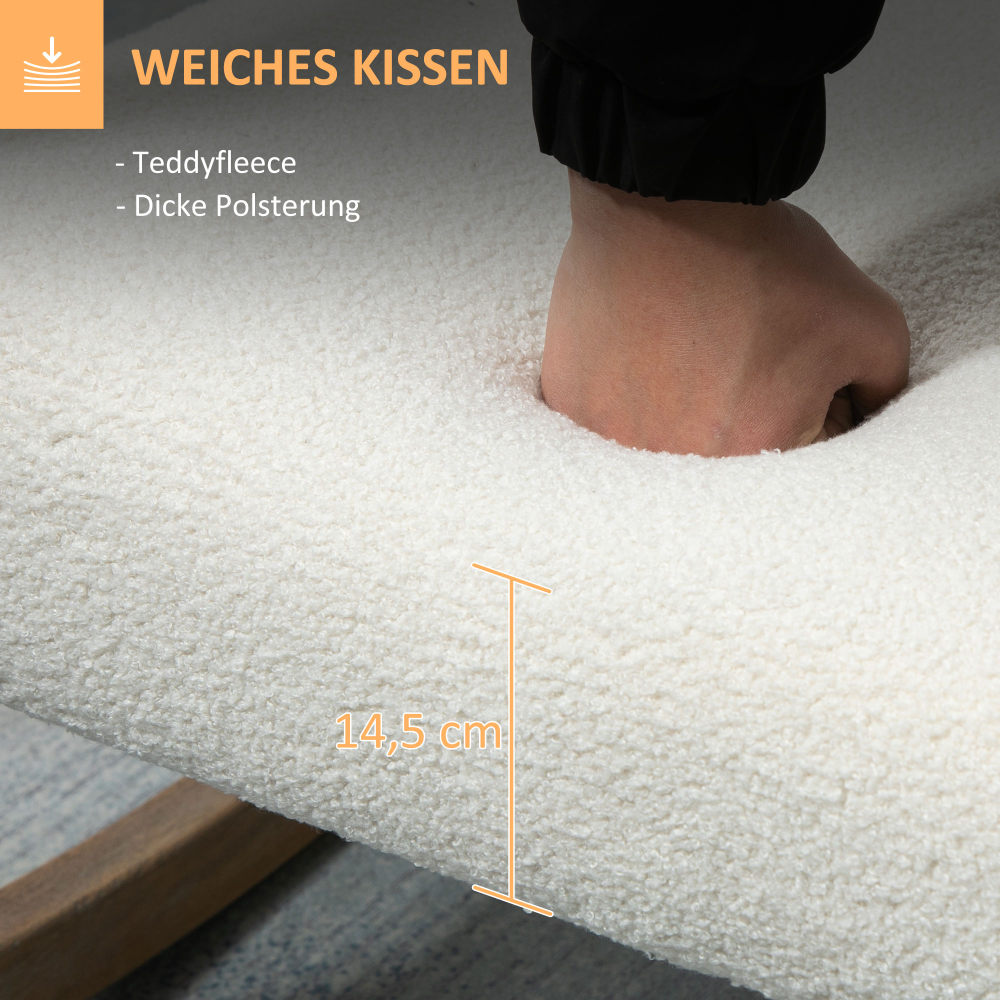 Schaukelstuhl mit Holzrahmen gepolstert Relax Stuhl Sessel Stuhl Wohnzimmersessel Lounge mit gepolsterter Sitzfläche Kautschukholz Cremeweiß 60 x 76 x 77 cm