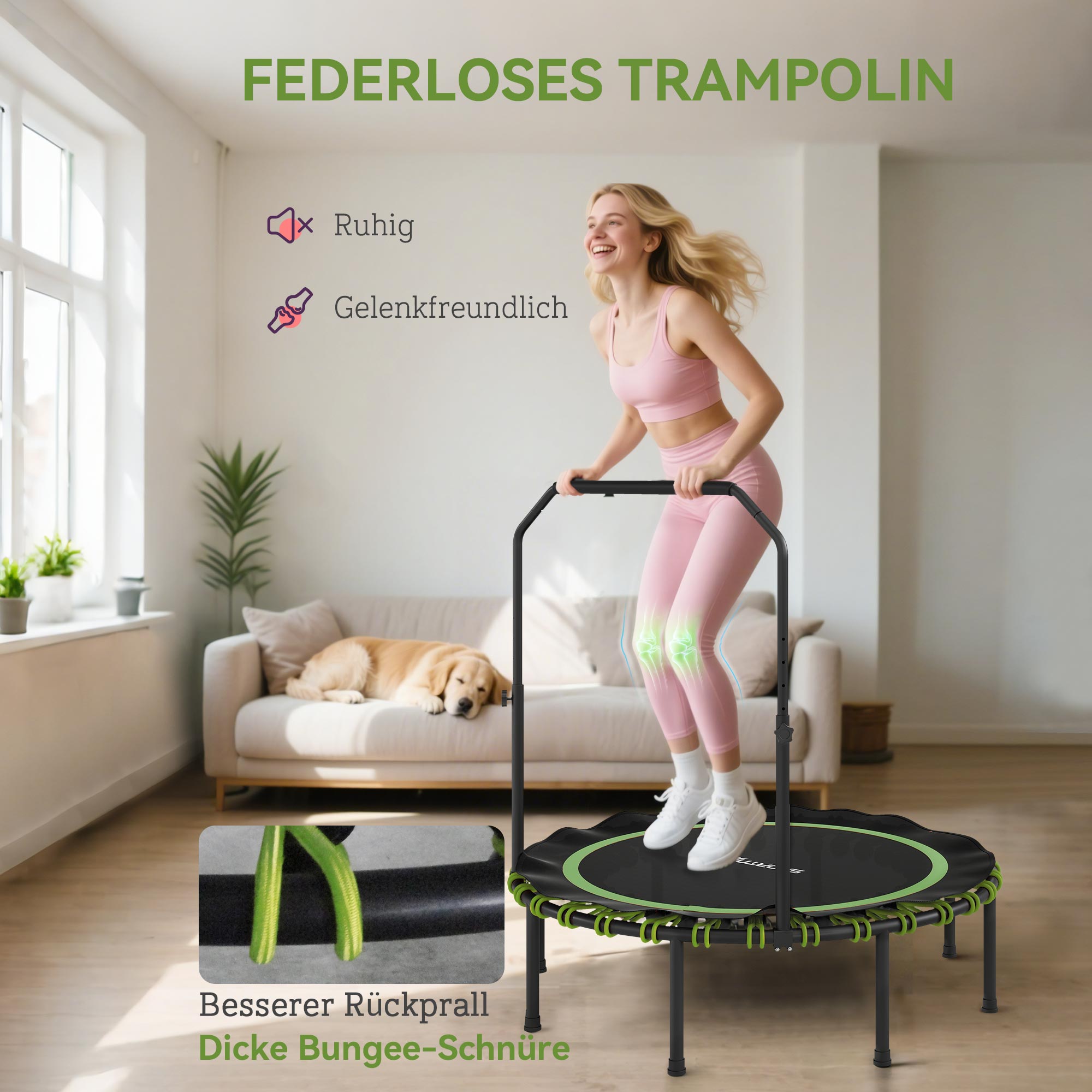 Fitness-Trampolin mit verstellbarem Handlauf, Sport-Trampolin für drinnen und draußen, Stahl, Kunststoff, Grün