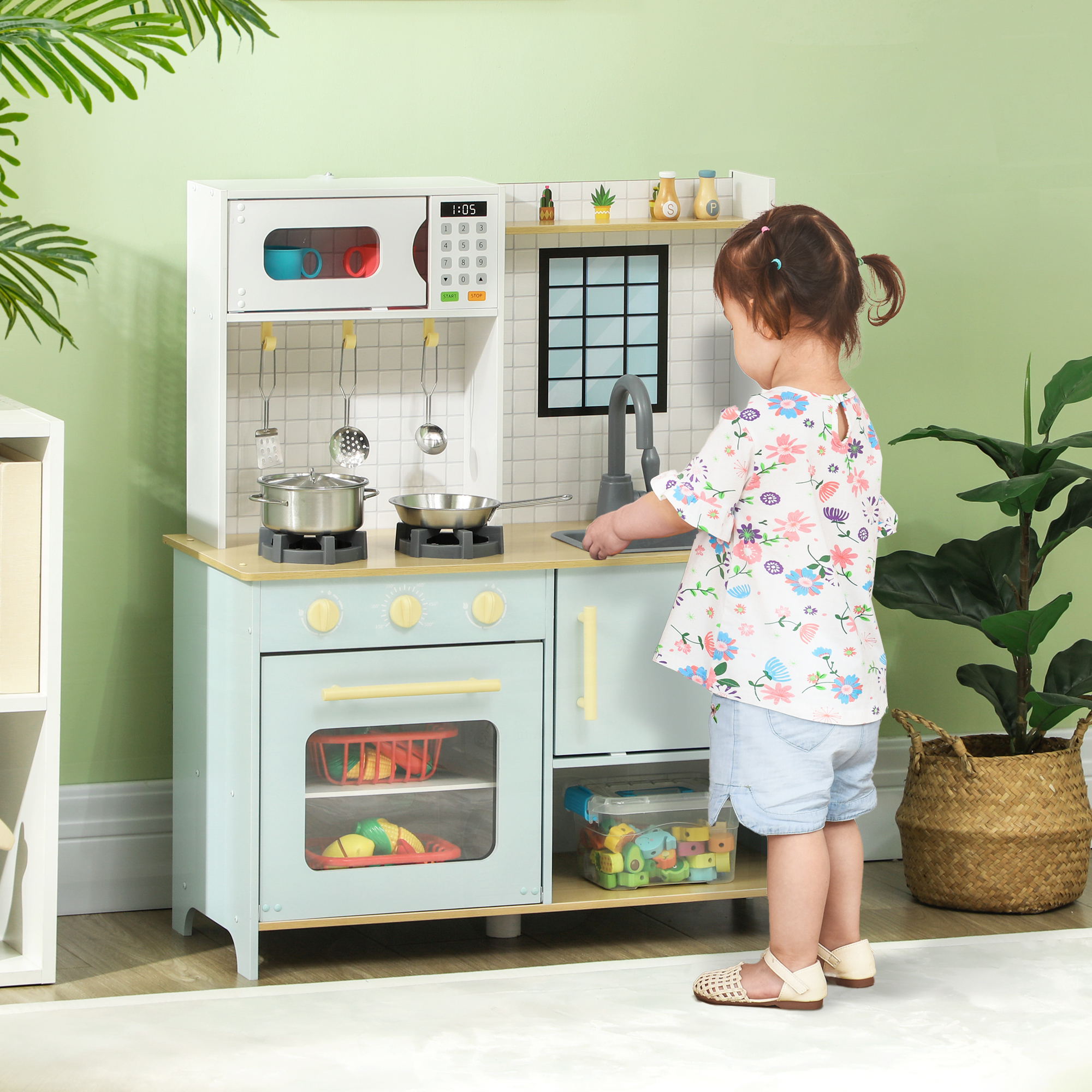 Spielküchen-Set, Kinderküche zum Spielen mit Mikrowelle, Herd und Backofen, Kochutensilien, MDF, Edelstahl, Blau