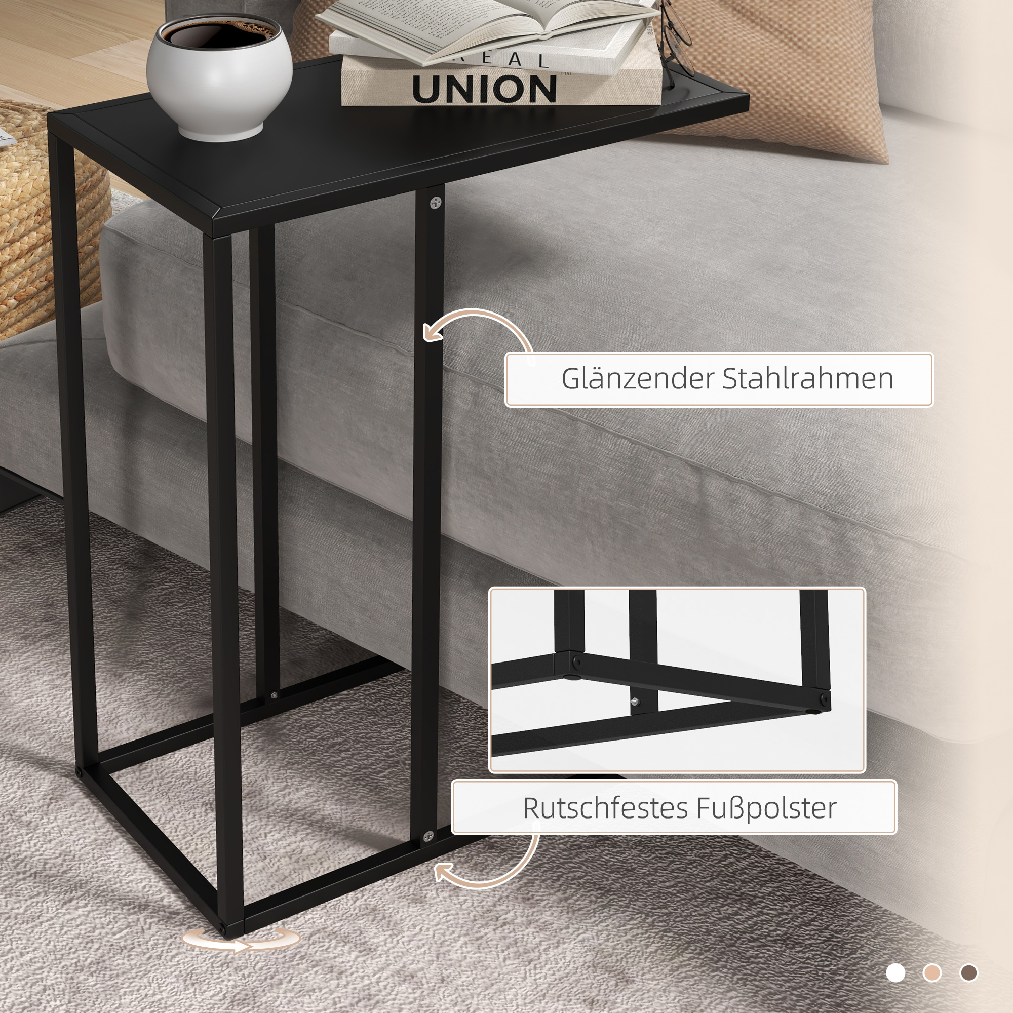 Beistelltisch Laptoptisch, Sofatisch in C-Form, mit Stahlgestell, Schwarz