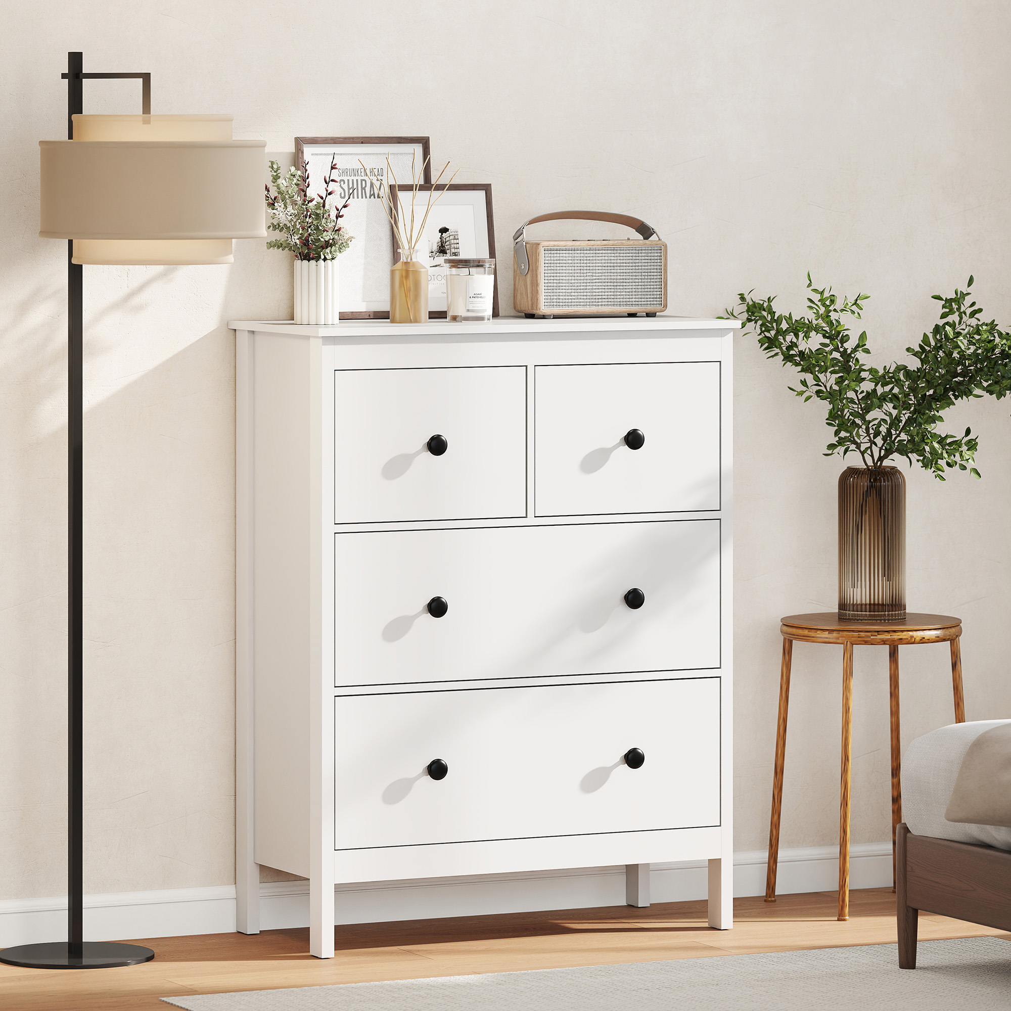 Kommode mit 4 Schubladen, für Kleidung & Bettwäsche, Wohnzimmer, Schlafzimmer, Flur, Spanplatte, Weiß