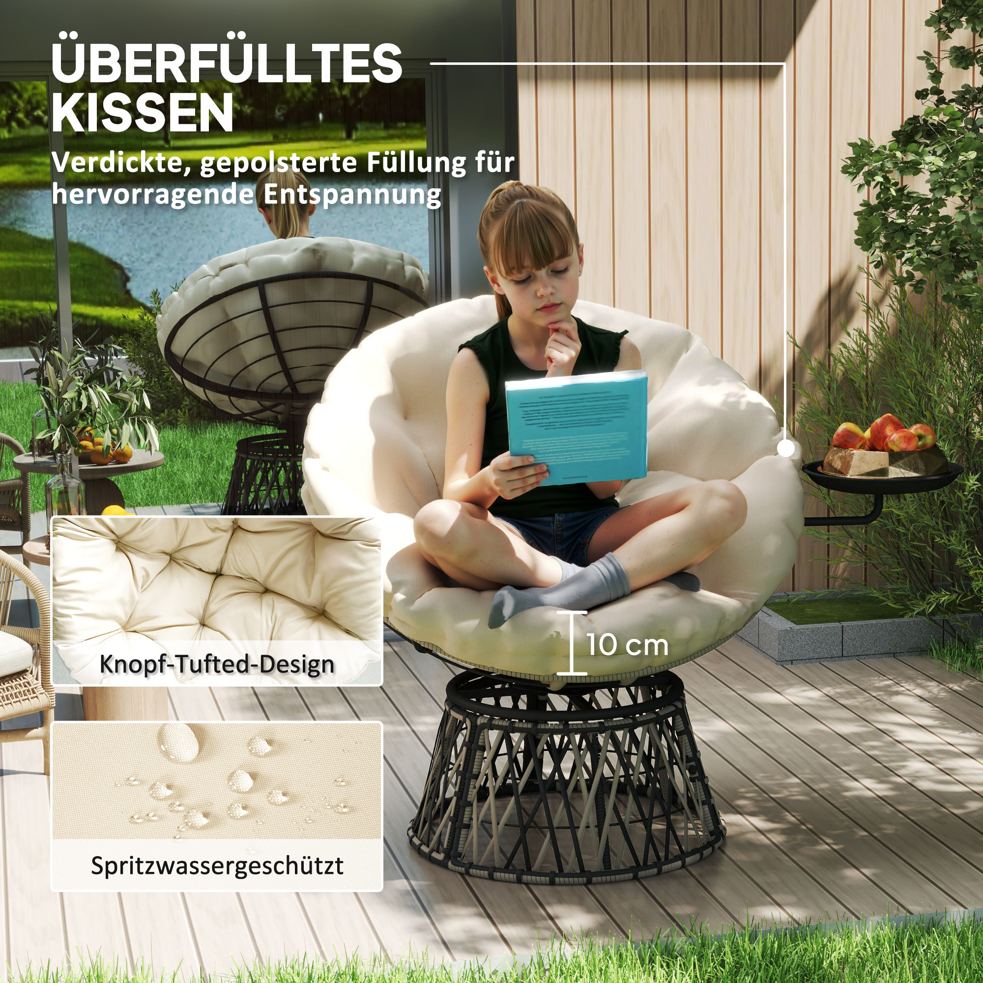 Papasansessel Rattan 360° drehbar Korbsessel mit Kissen Durchmesser 90 cm runder Beige