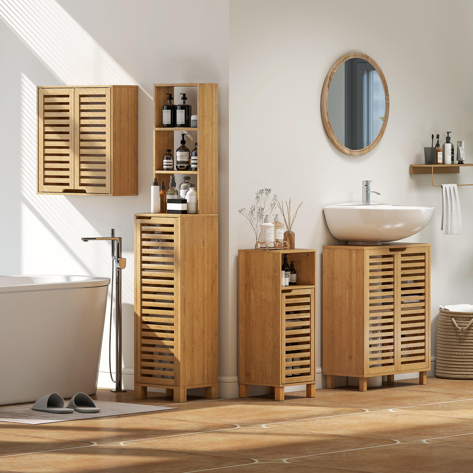 Waschbecken-Unterschrank für Badezimmer, Badschrank mit Lamellentüren, Bambusholz, verstellbare Regale, Natur