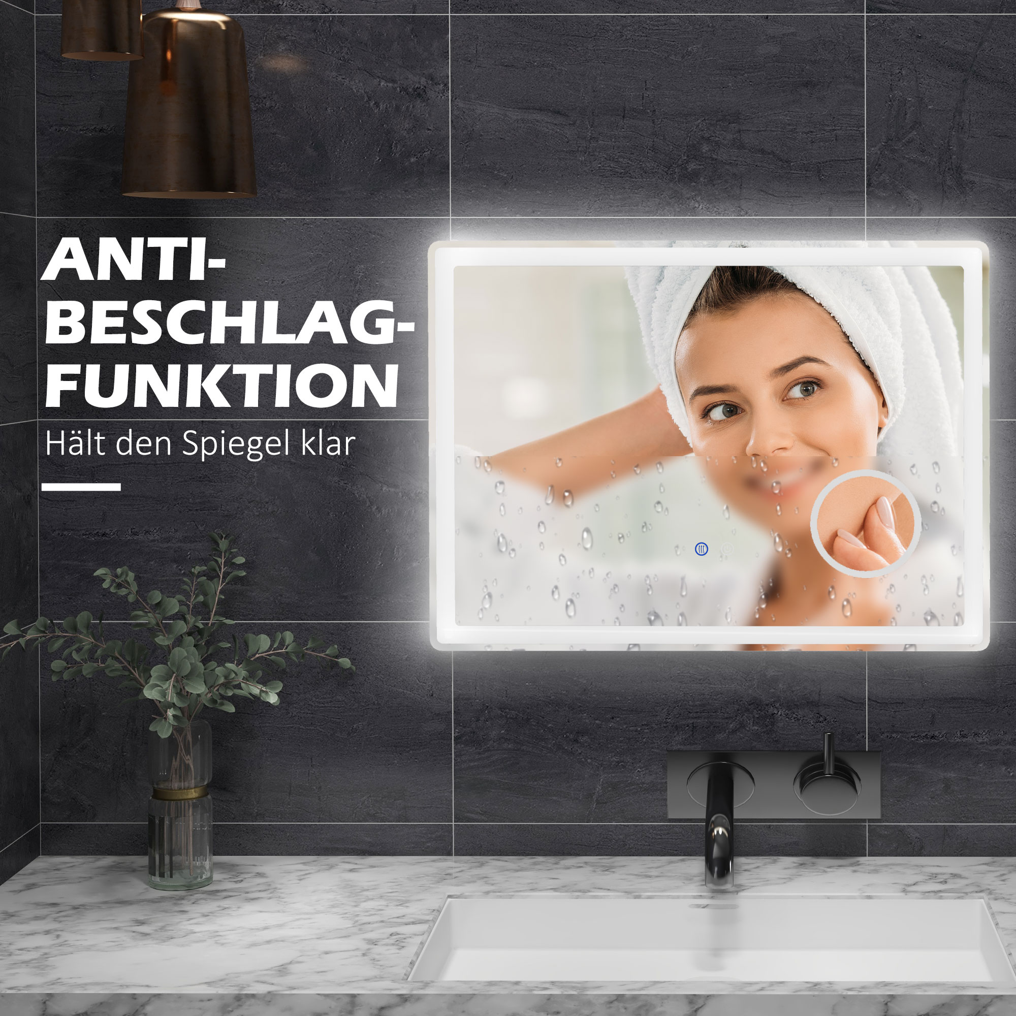LED Badezimmerspiegel mit 3x Vergrößerung, Touch-Funktion, Memory-Funktion, kein Beschlagen, 80 x 60 cm