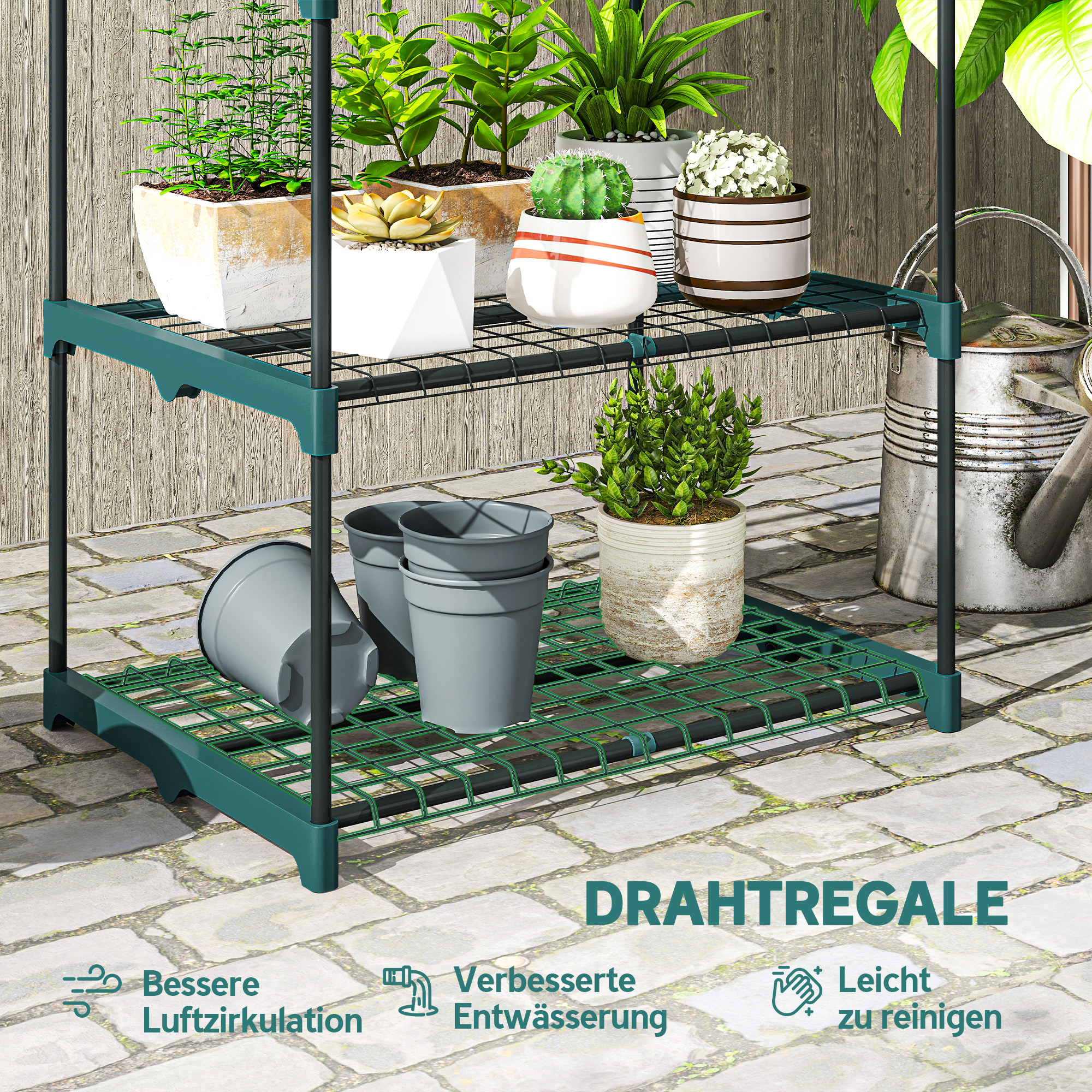 4-Etagen Pflanzenständer, 105 cm hoch Blumenständer für Innen Außen, Pflanzenregal aus Stahl Dunkelgrün