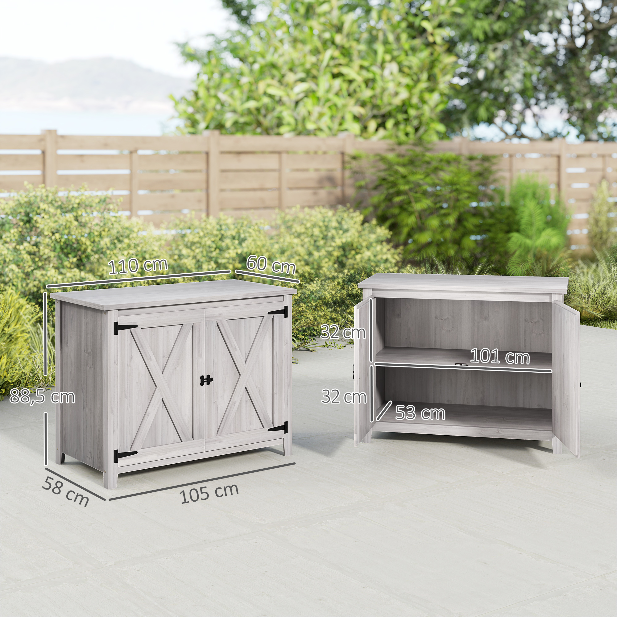 Gartenschrank, Holzschrank für Gartengeräte, Outdoor-Schrank für Terrasse, mit Doppeltüren, Scheunendesign, Hellgrau