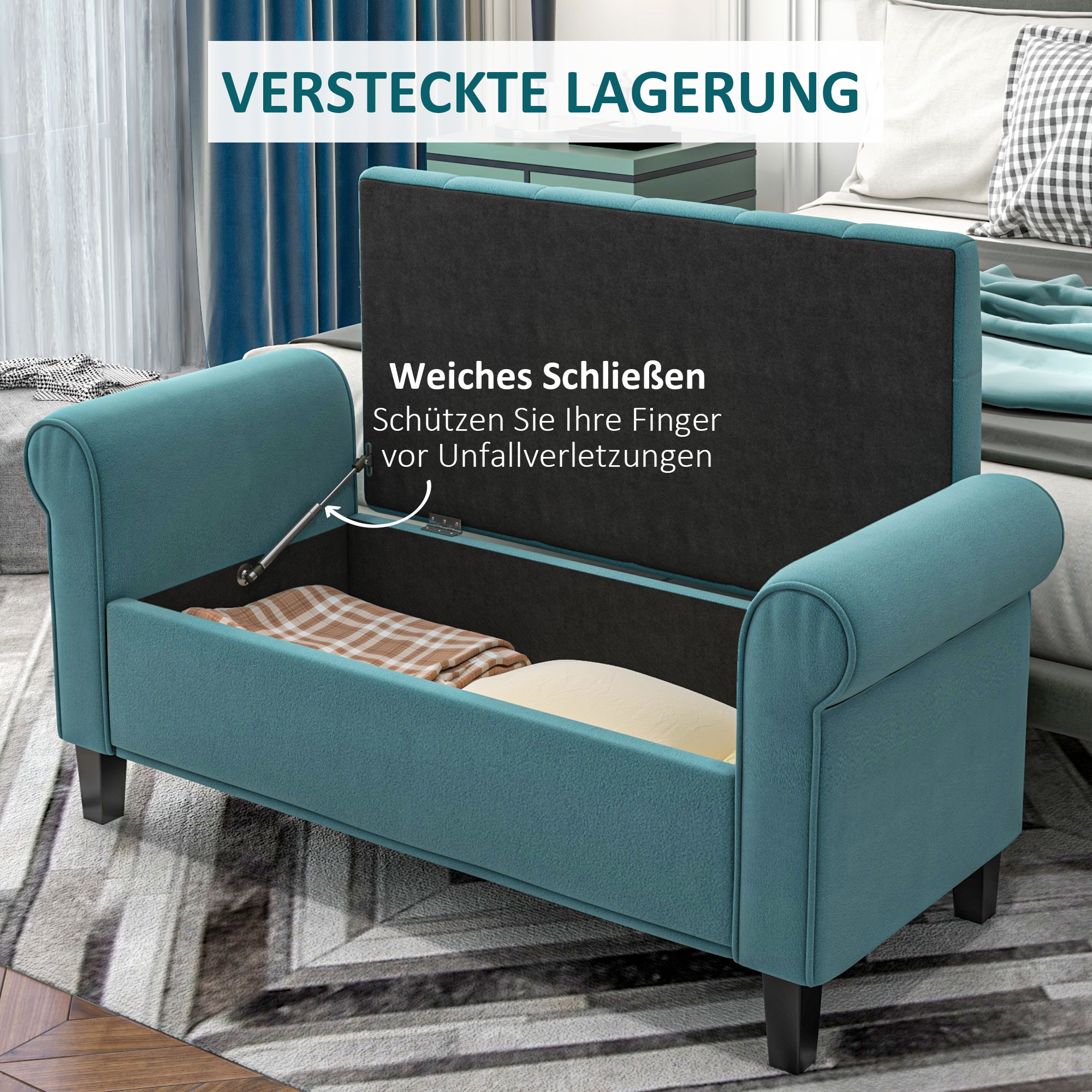 Sitzbank im Vintage-Design, Sitzbank mit Stauraum, Samtoptik, Grün