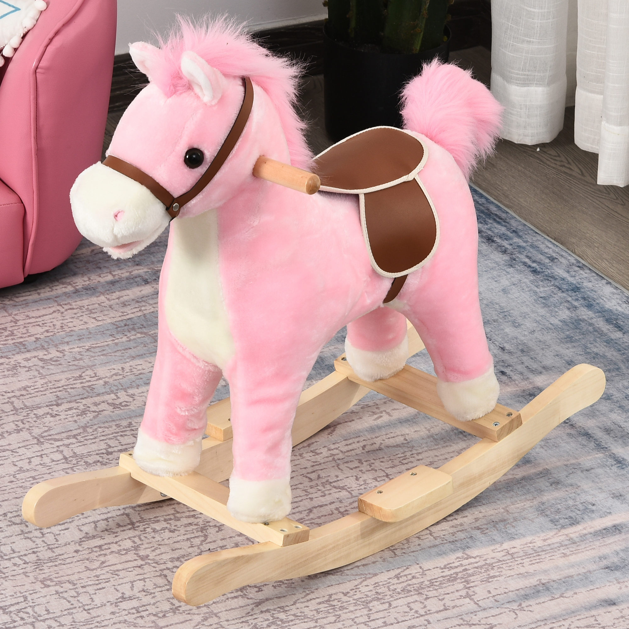 Kinder Schaukelpferd Baby Schaukeltier Pferd mit Tiergeräusche Spielzeug Haltegriffe für 36-72 Monate Plüsch Rosa 65 x 32,5 x 61 cm