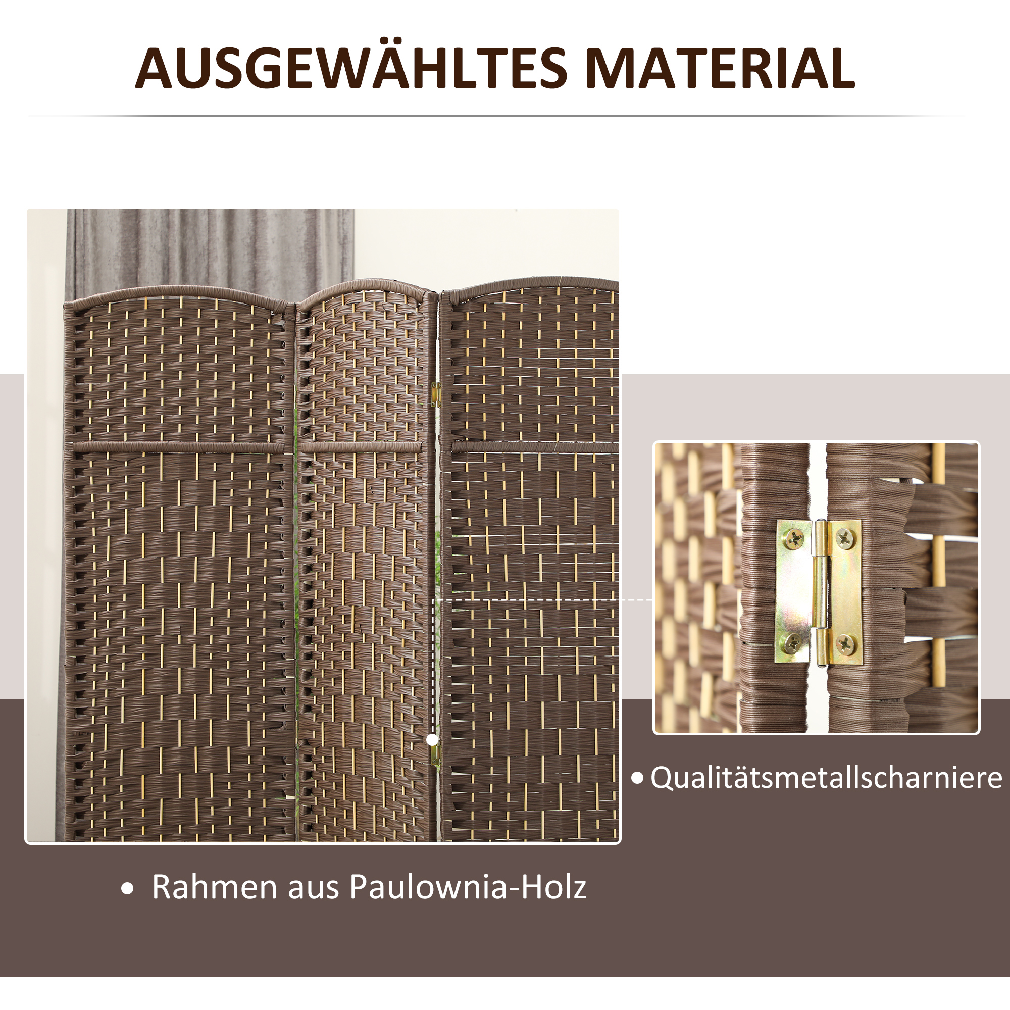 Raumteiler, 3-teilig faltbare Trennwand, Geflechtmuster, Kiefernholz, Braun