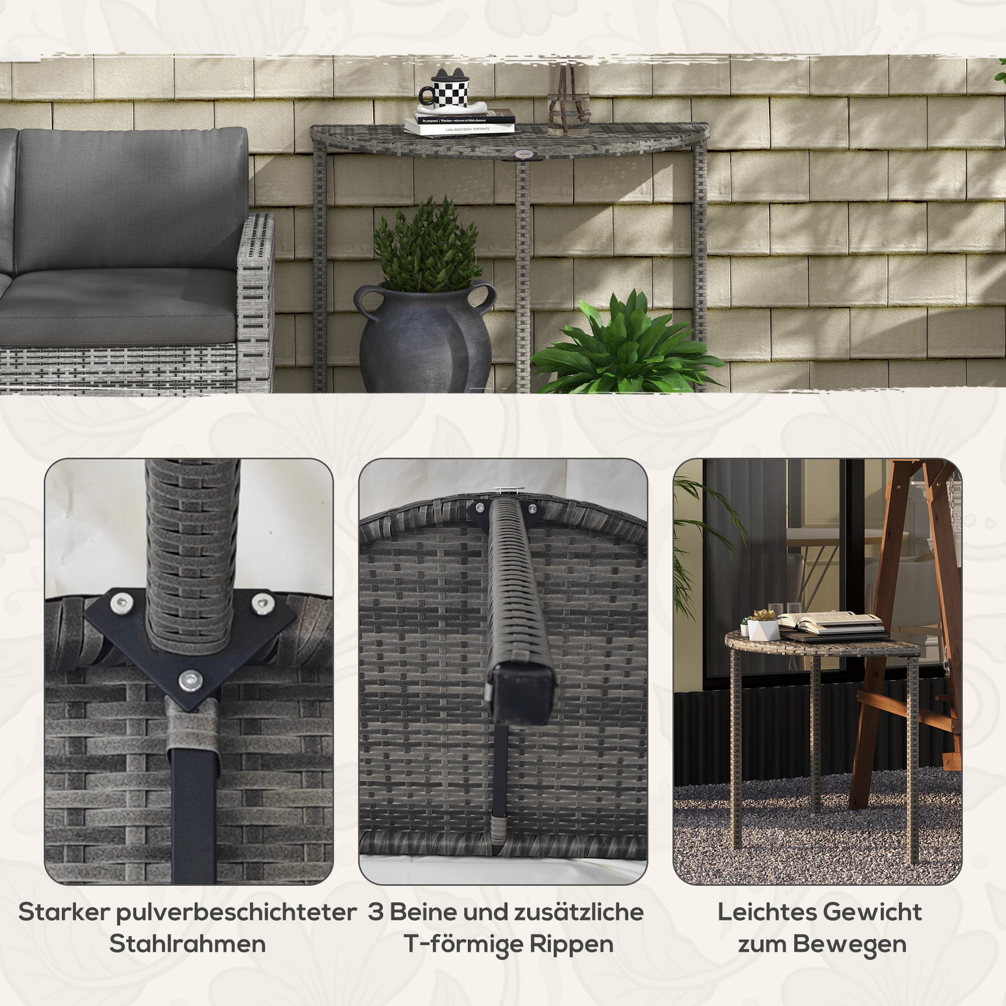 Balkontisch, halbrund, Polyrattan+Metall, 100x50x74 cm, Grau