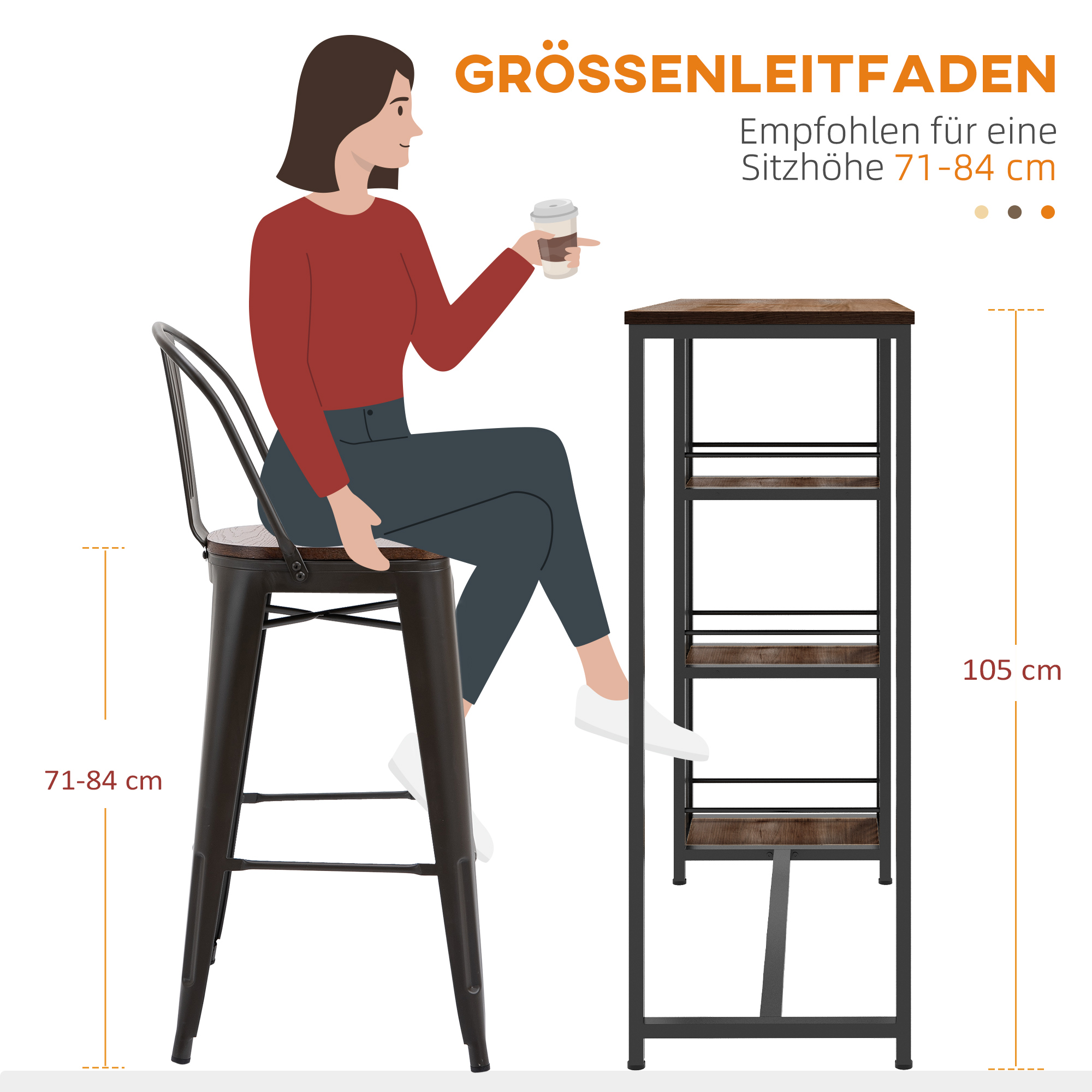 Bartisch Stehtisch Küchentresen, Industriedesign, 3 Regale, 120 x 40 x 105 cm; Schwarz + Braun