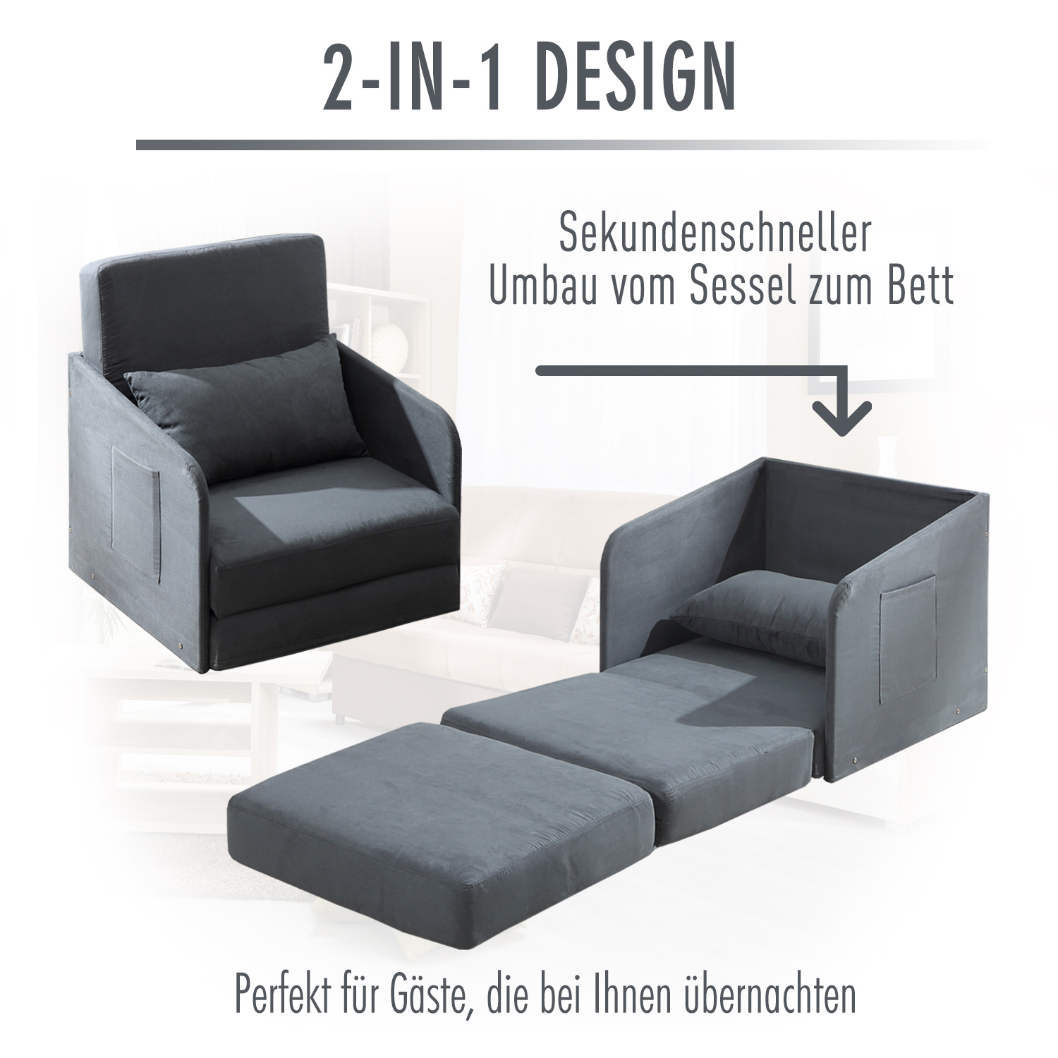 Schlafsofa Sofabett Einzelsofa Waschbarer Bezug 2 Seitentaschen Kissen Metall Grau 70 x 76 x 77 cm