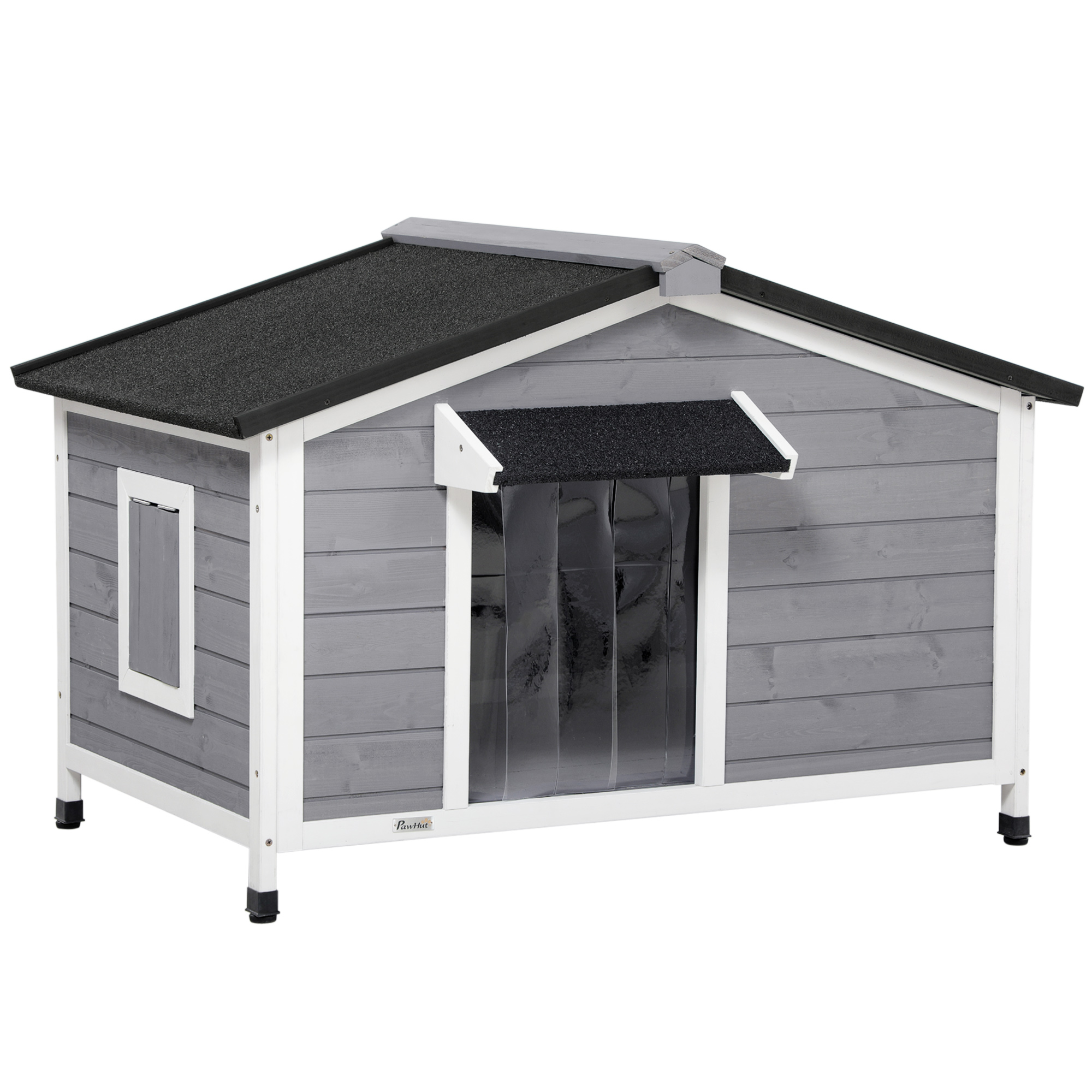 Hundehütte aus Massivholz, wetterbeständig, Asphaltdach, abnehmbarer Boden, 109 cm x 79 cm x 72 cm, Grau + Weiß