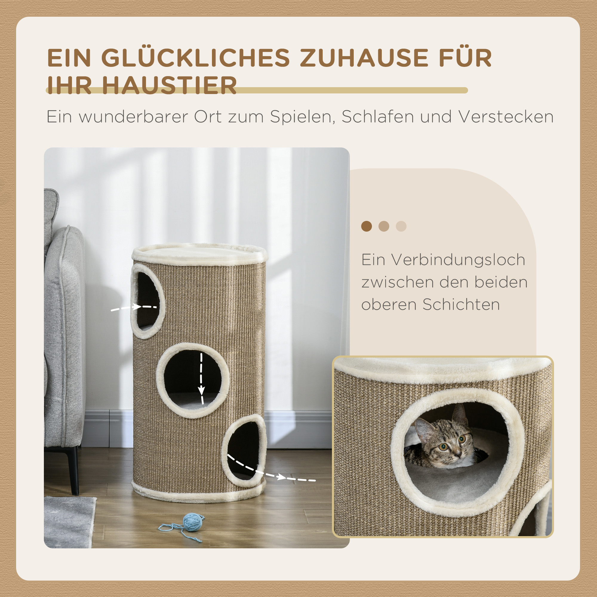 Katzen Kratztonne, weicher Plüsch, Sisal-Kratzteppich, robust, Ø38 x 70H cm, Braun