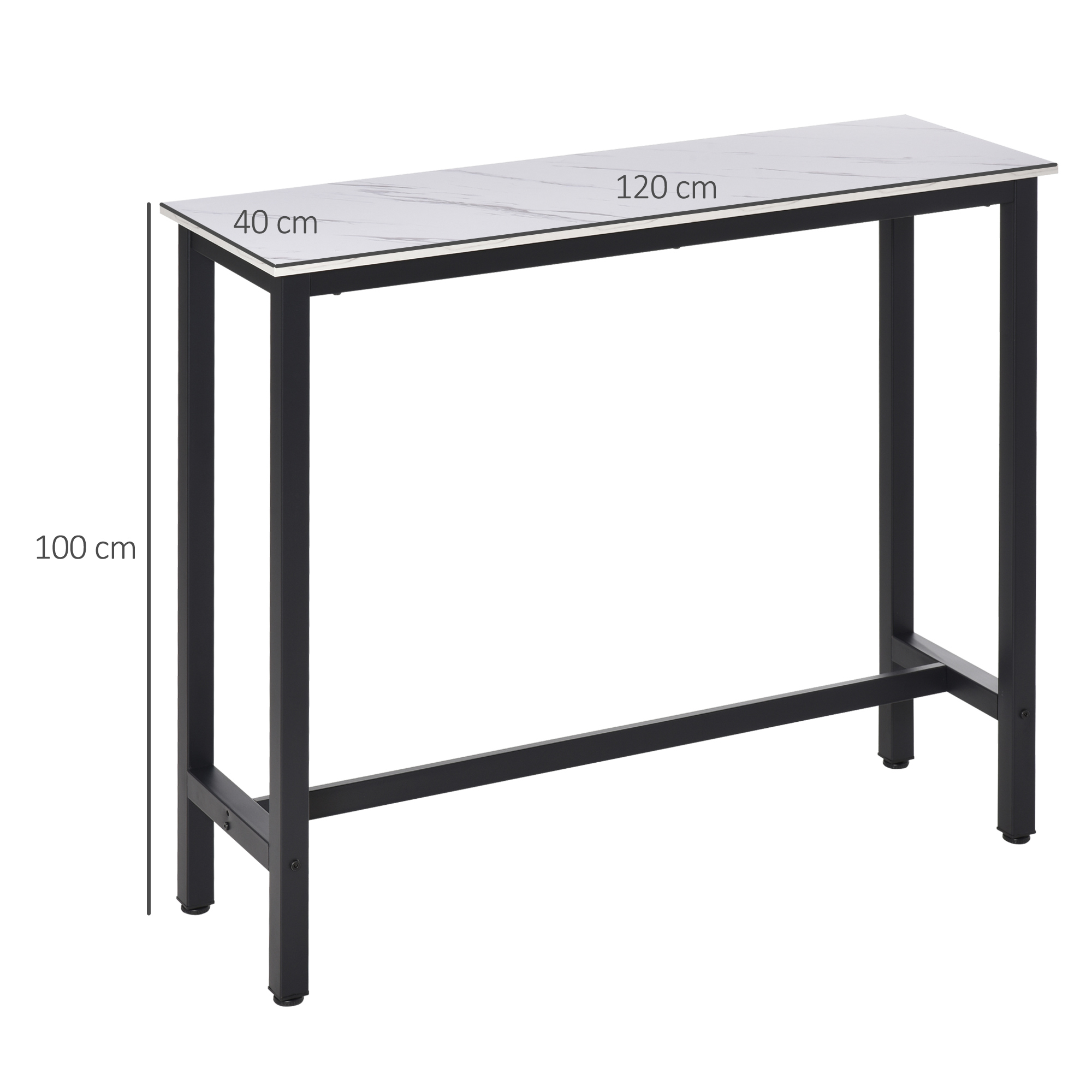 Bartisch in Marmoroptik, Stahlrahmen, Nivellierfüße, 120x40x100 cm, Weiß/Schwarz