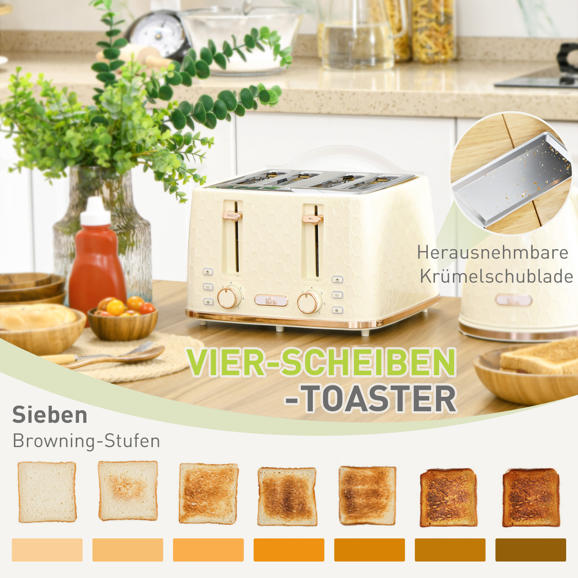 2-in-1 Küchenset, Toaster und Wasserkocher, mehrere Optionen, 1,7 L, 4 Toastscheiben gleichzeitig, Kunststoff, Beige
