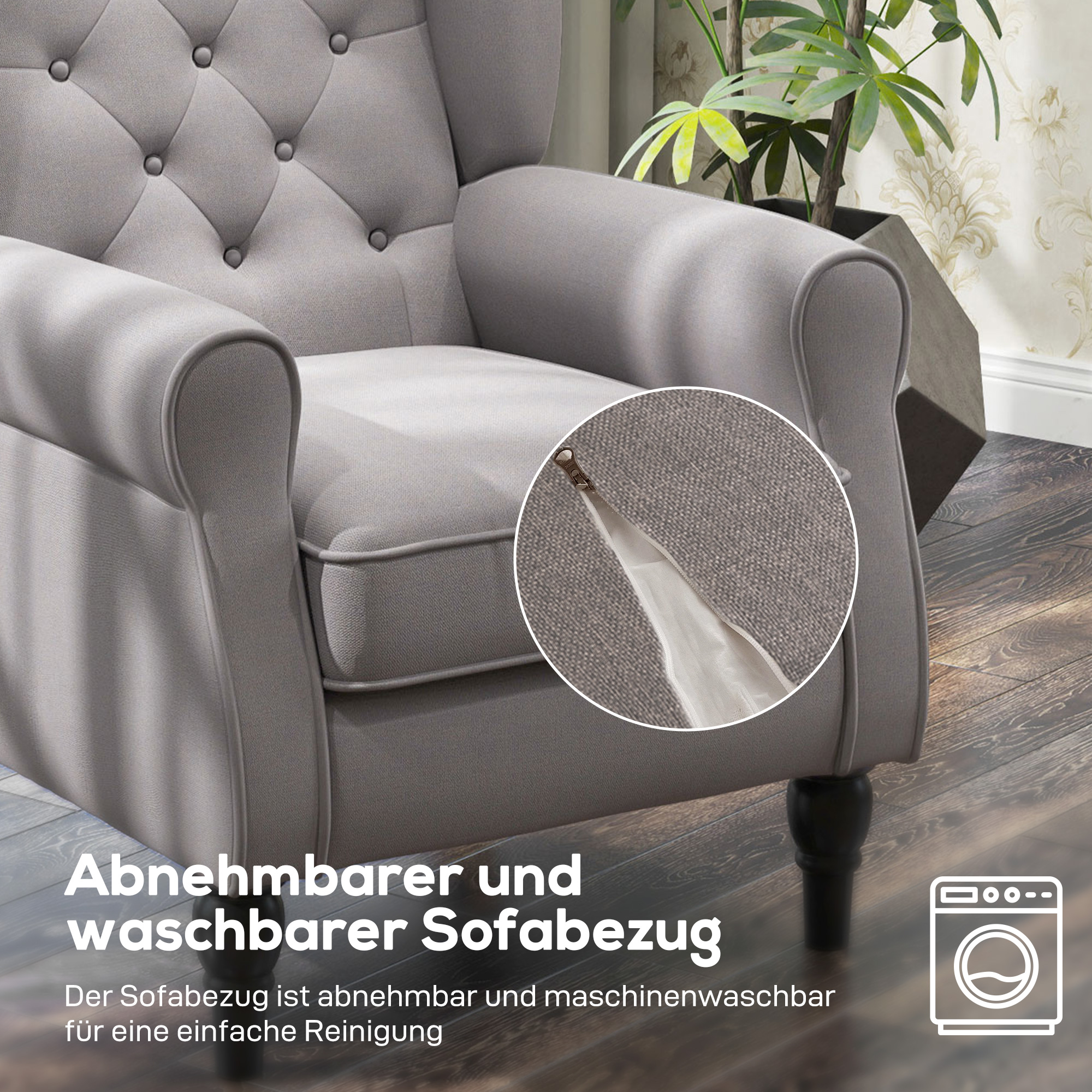 Ohrensessel Sessel mit Tufting, hoher Rückenlehne, Gepolstert Loungesessel mit abgerundeten Armlehnen, Holzbeine, für Schlafzimmer, Wohnzimmer, bis 160 kg, Grau