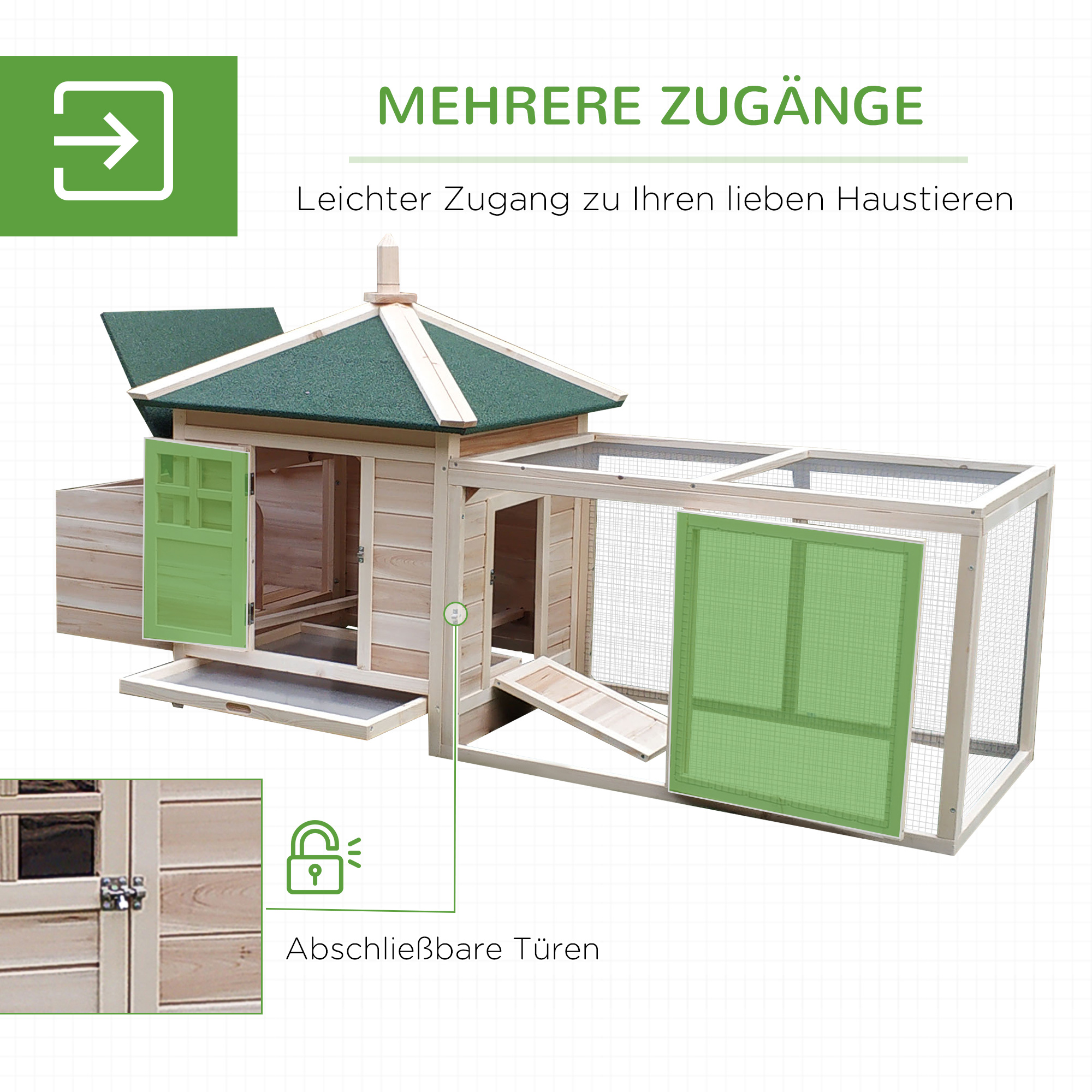 Hühnerstall für Zwerghühner 196 x 76 x 97 cm witterungsbeständig Hühnerhaus mit Nistkasten, Freilaufgehege Sitzstange, Kleintierstall aus Holz für 1-2 Hühner, Natur