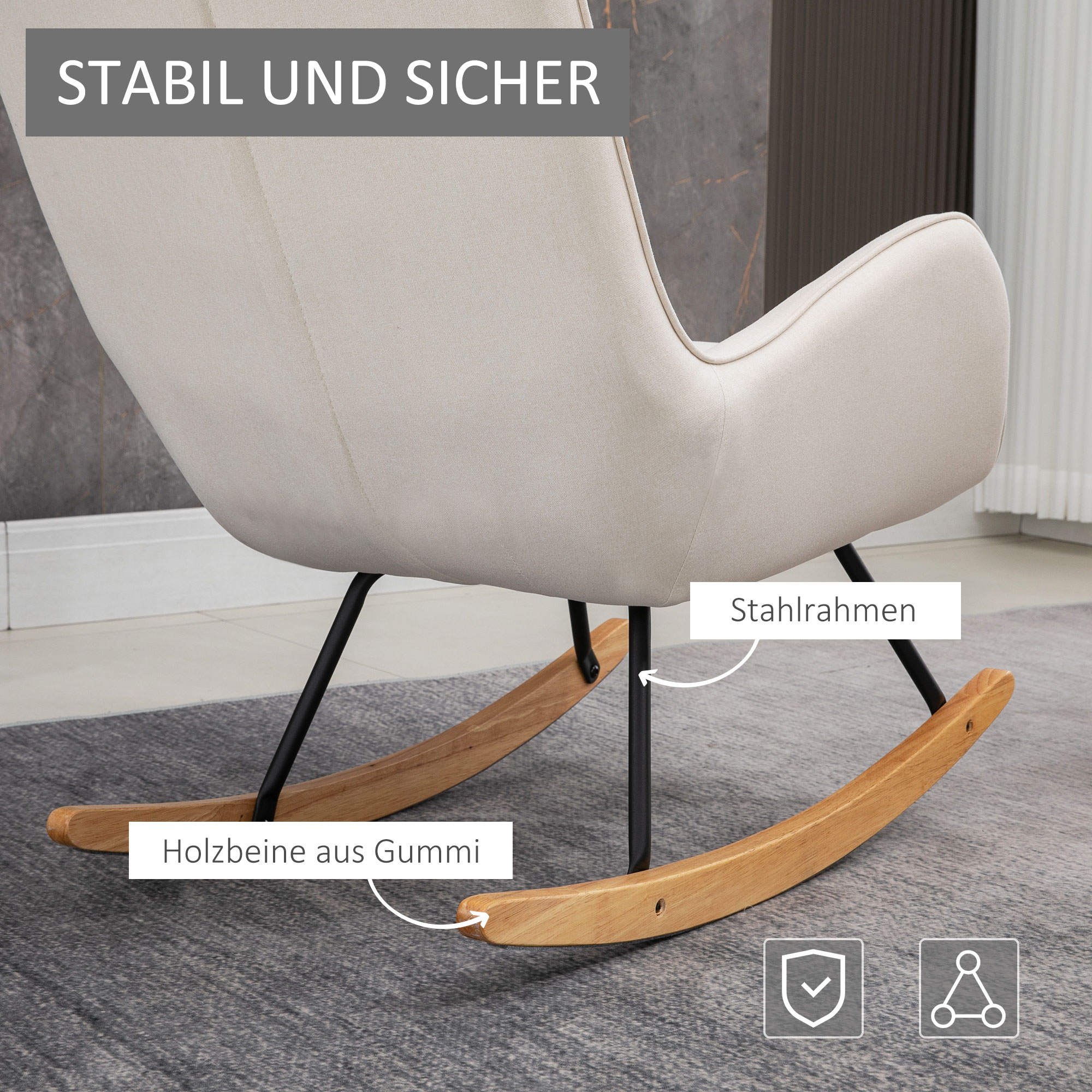 Schaukelstuhl im Skandi-Design Relaxsessel, Knopfheftung, 69 cm x 90 cm x 100 cm, Creme + Natur + Schwarz