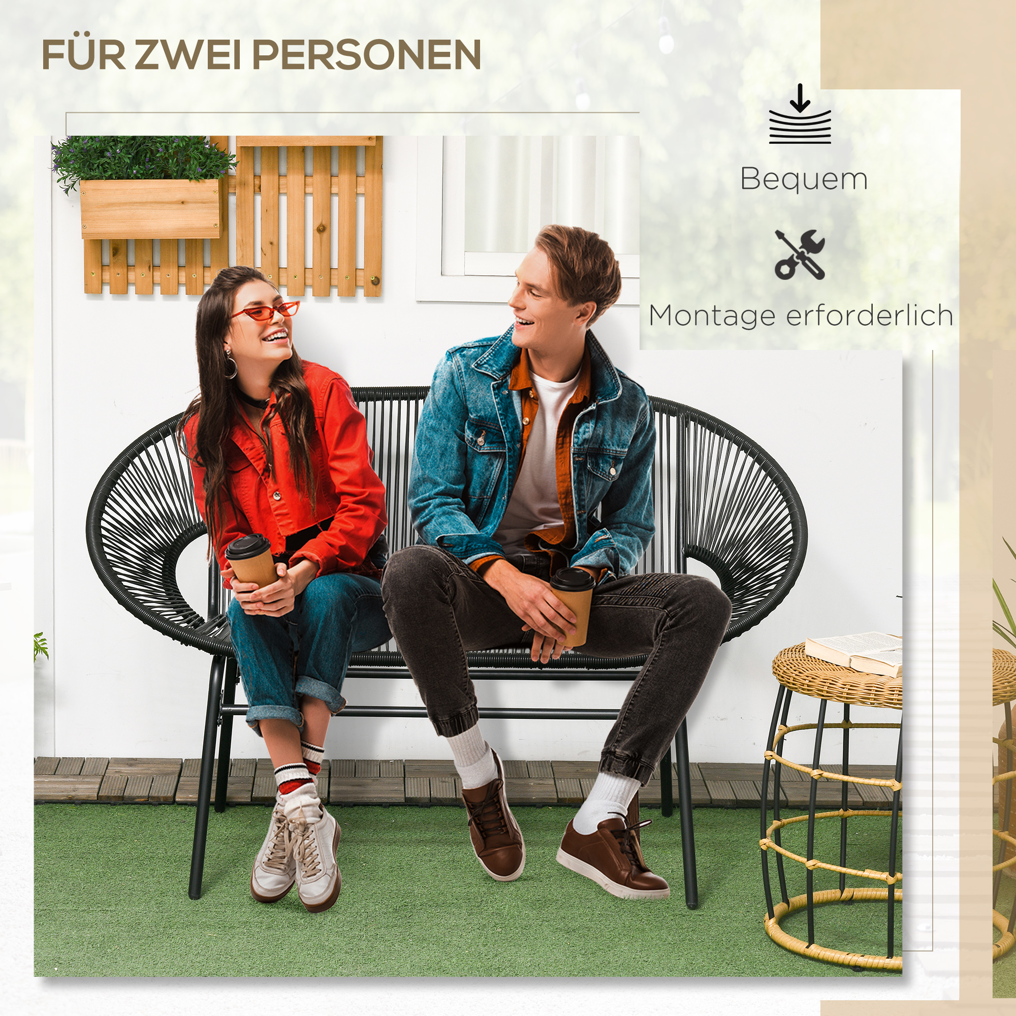 Rattansessel Relaxsessel im Boho-Stil, 132 cm x 72 cm x 83 cm, Schwarz