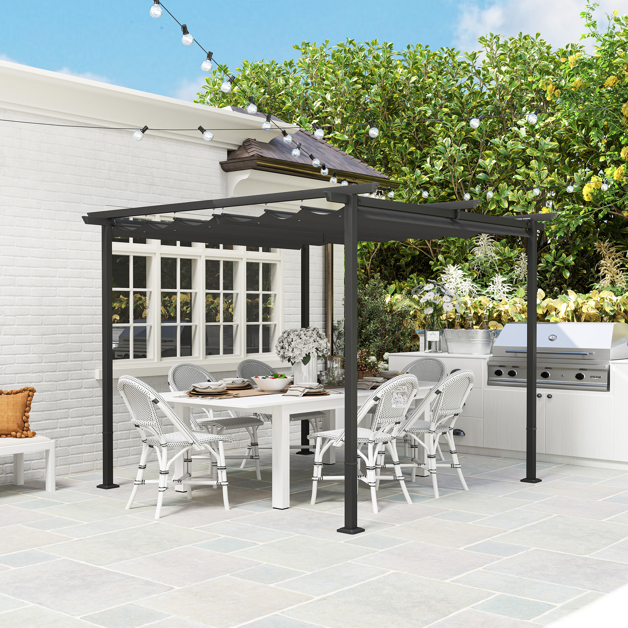 3 x 3 m Garten-Pergola mit verstellbarem Dach, Metallrahmen, UPF30+ Schutz, Sonnendach für Veranda, Terrasse, Dunkelgrau