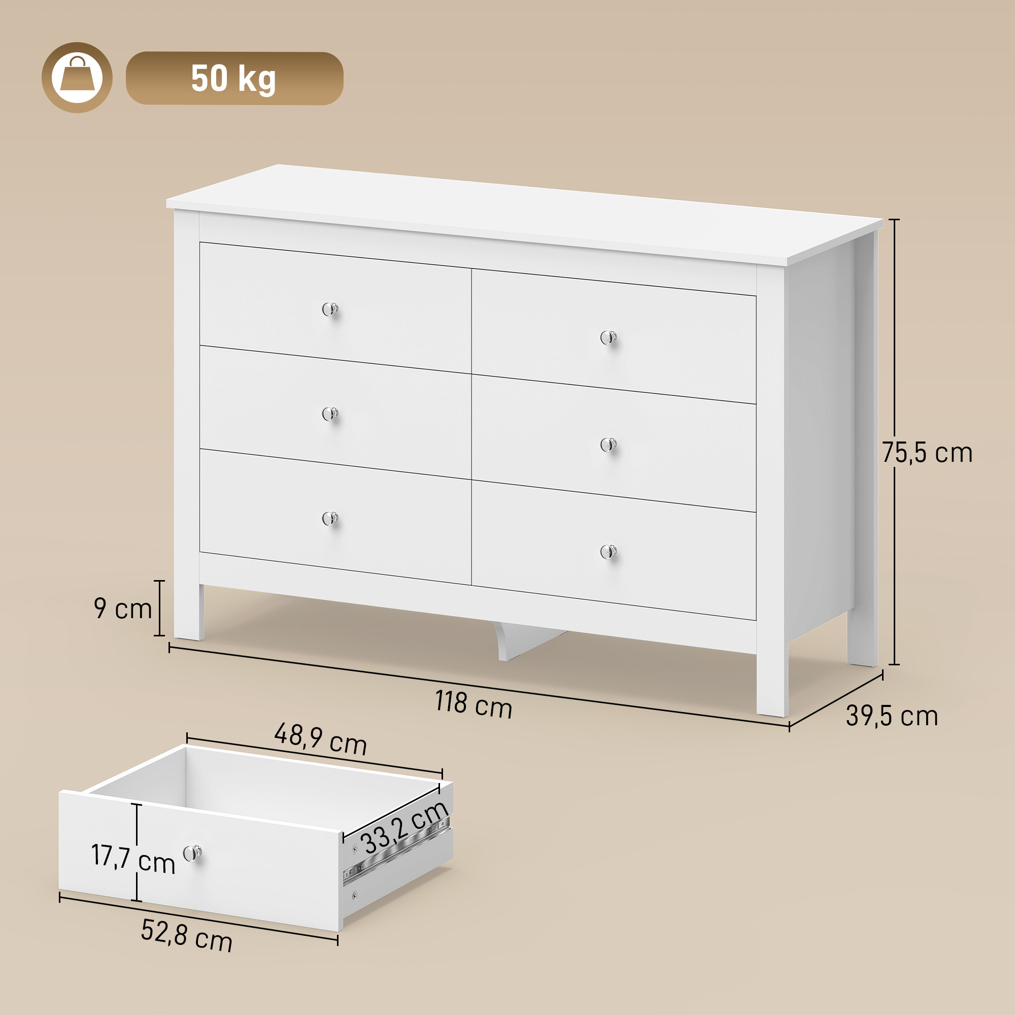 Kommode mit 6 Schubladen, Sideboard mit leichtgängigen Laufschienen für Schlafzimmer, Wohnzimmer oder Flur, 118 x 39,5 x 75,5 cm, Weiß