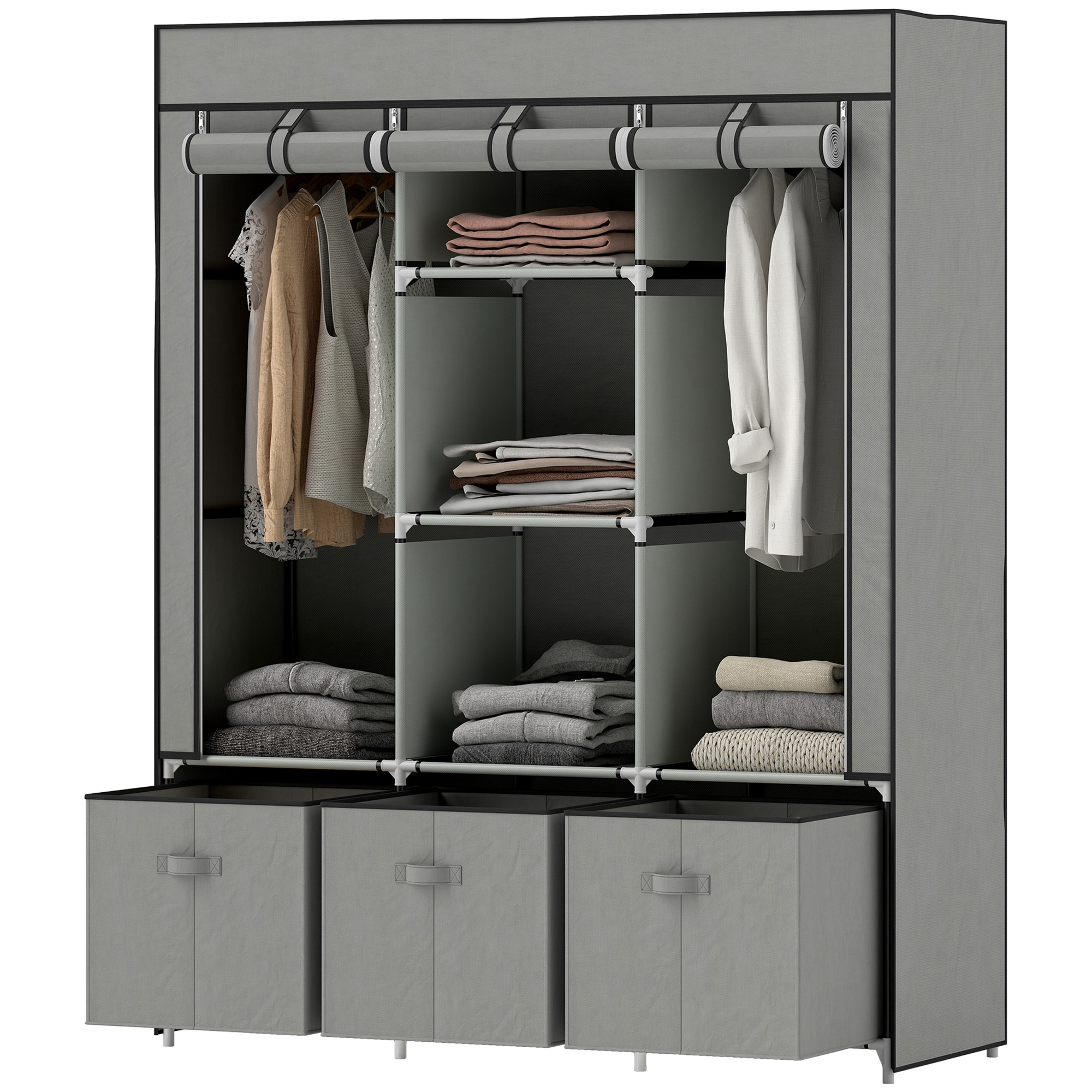 Stoffschrank aus Vlies, Faltschrank, inkl. 3 Schubladen, 125 cm x 43 cm x 162,5 cm, Hellgrau