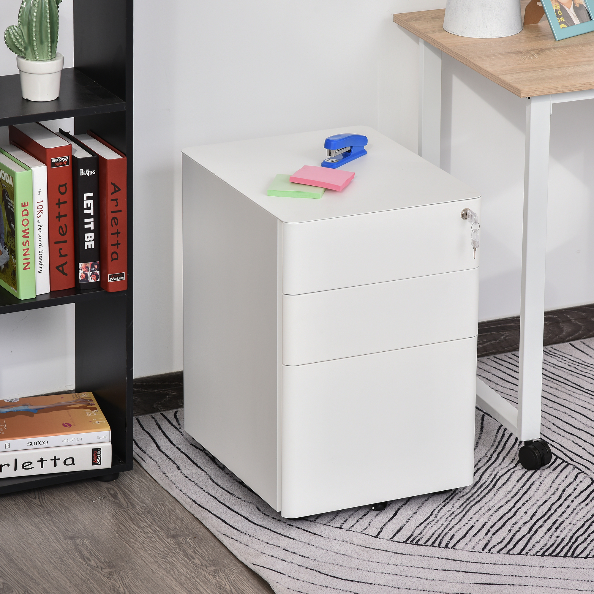 Rollcontainer, mobiler Aktenschrank mit 3 Schubladen, abschließbarer Büroschrank mit Hängeregistratur, Aufbewahrung, Stahl, 39 x 48 x 59 cm Weiß