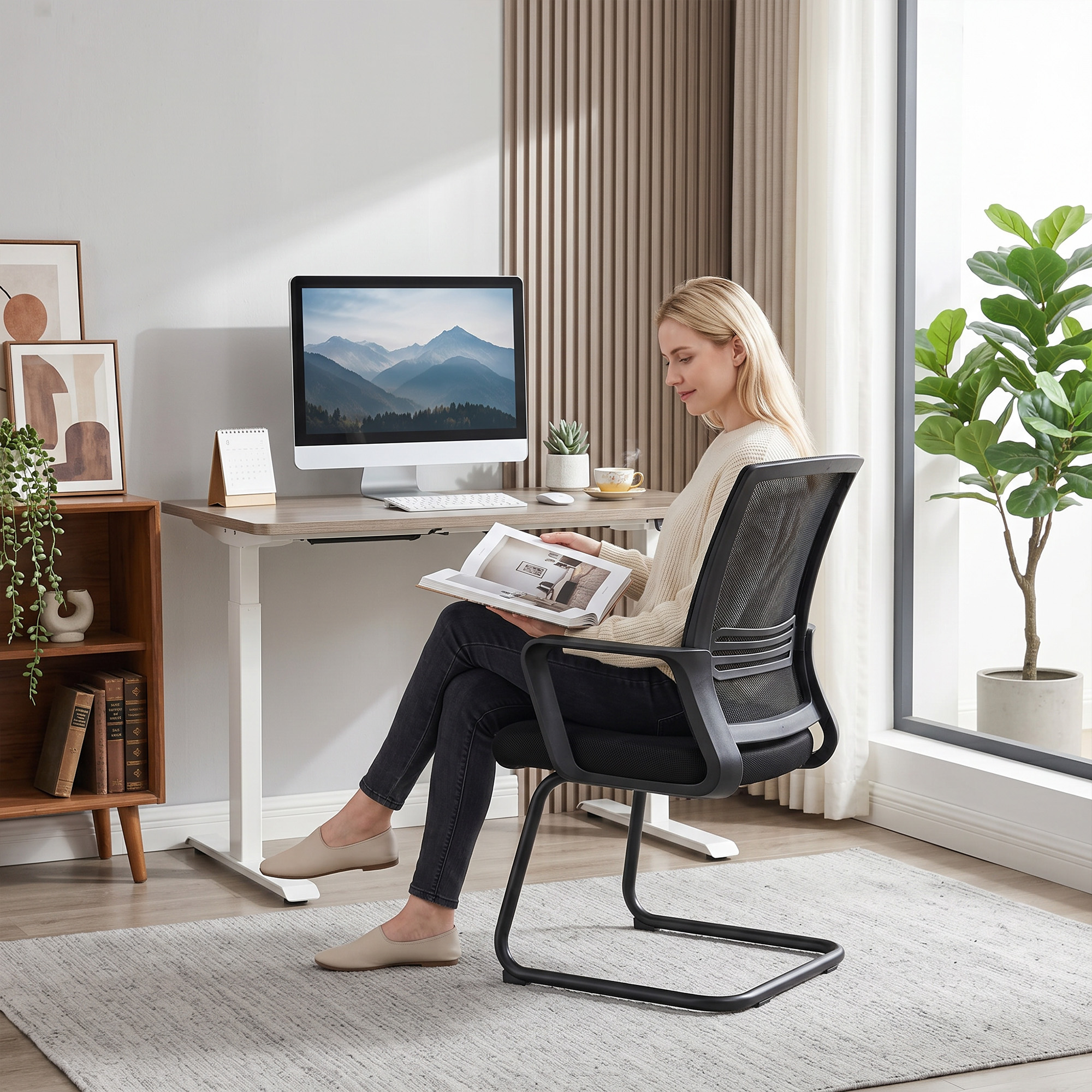 2er-Set ergonomische Schreibtischstühle ohne Rollen, gepolsterte Konferenzstühle mit Kufengestell für Wartezimmer und Empfang, Schwarz