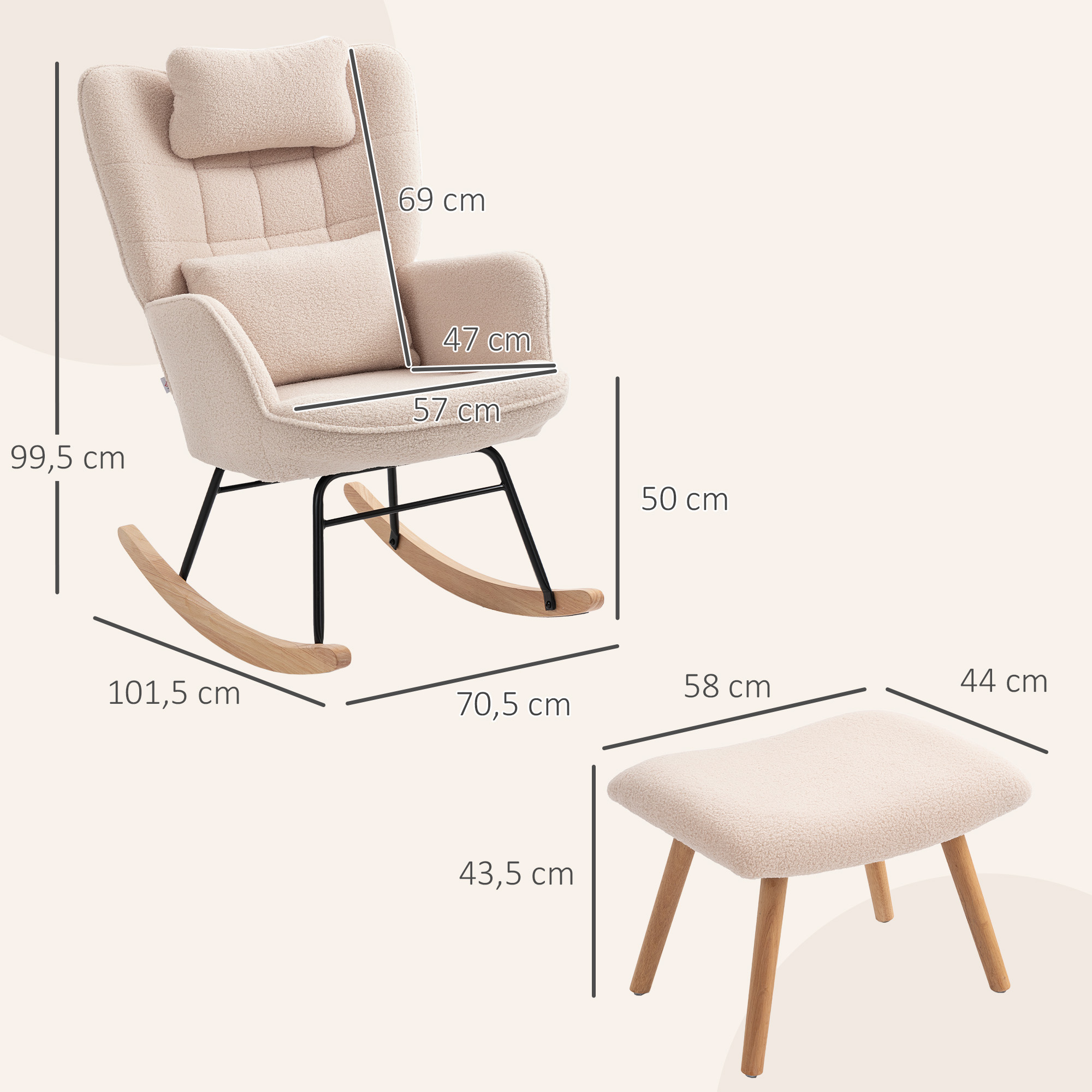 Schaukelstuhl mit Fußhocker, weicher Fleece-Bezug, Holzbeine, Kissen, hohe Rückenlehne, Schaukelsessel, Beige