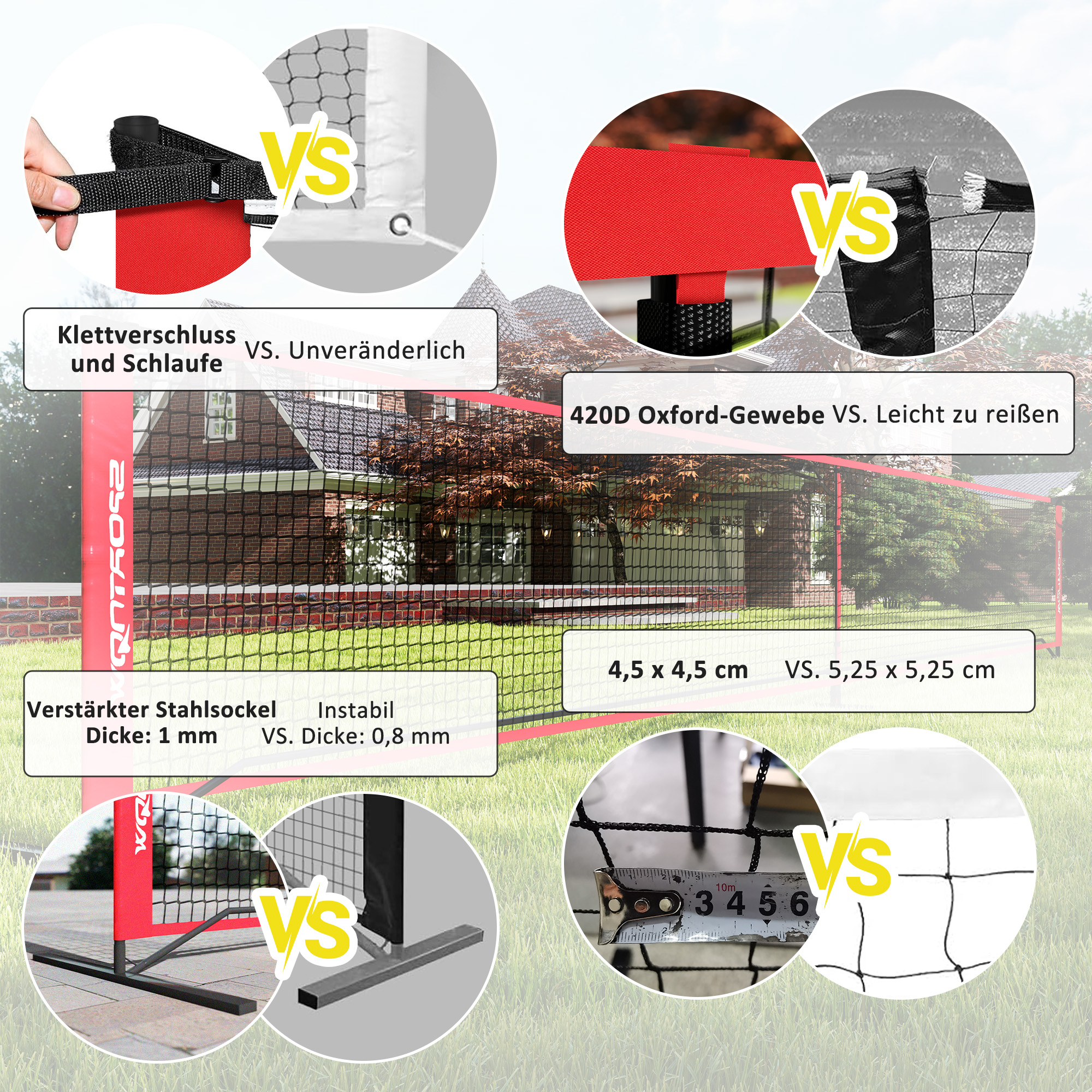 Pickleball-Set mit Netz, Ständer, Bällen, Stahl, Kunststoff, Rot