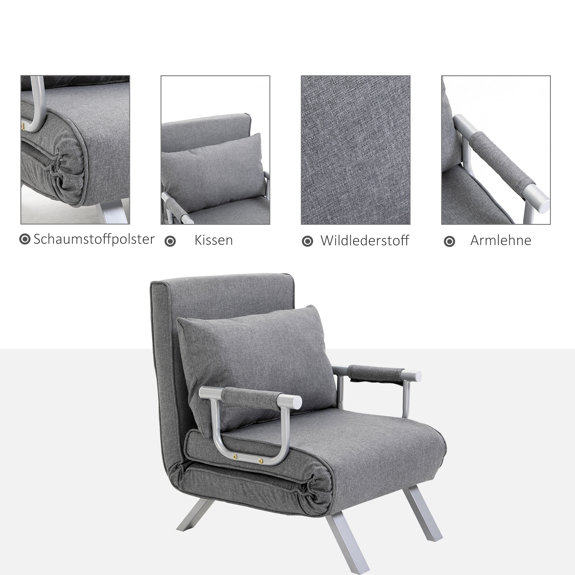 Relaxsessel Liegesessel Sessel, Liegefunktion, Gästebett, 65 cm x 69 cm x 80 cm, Grau