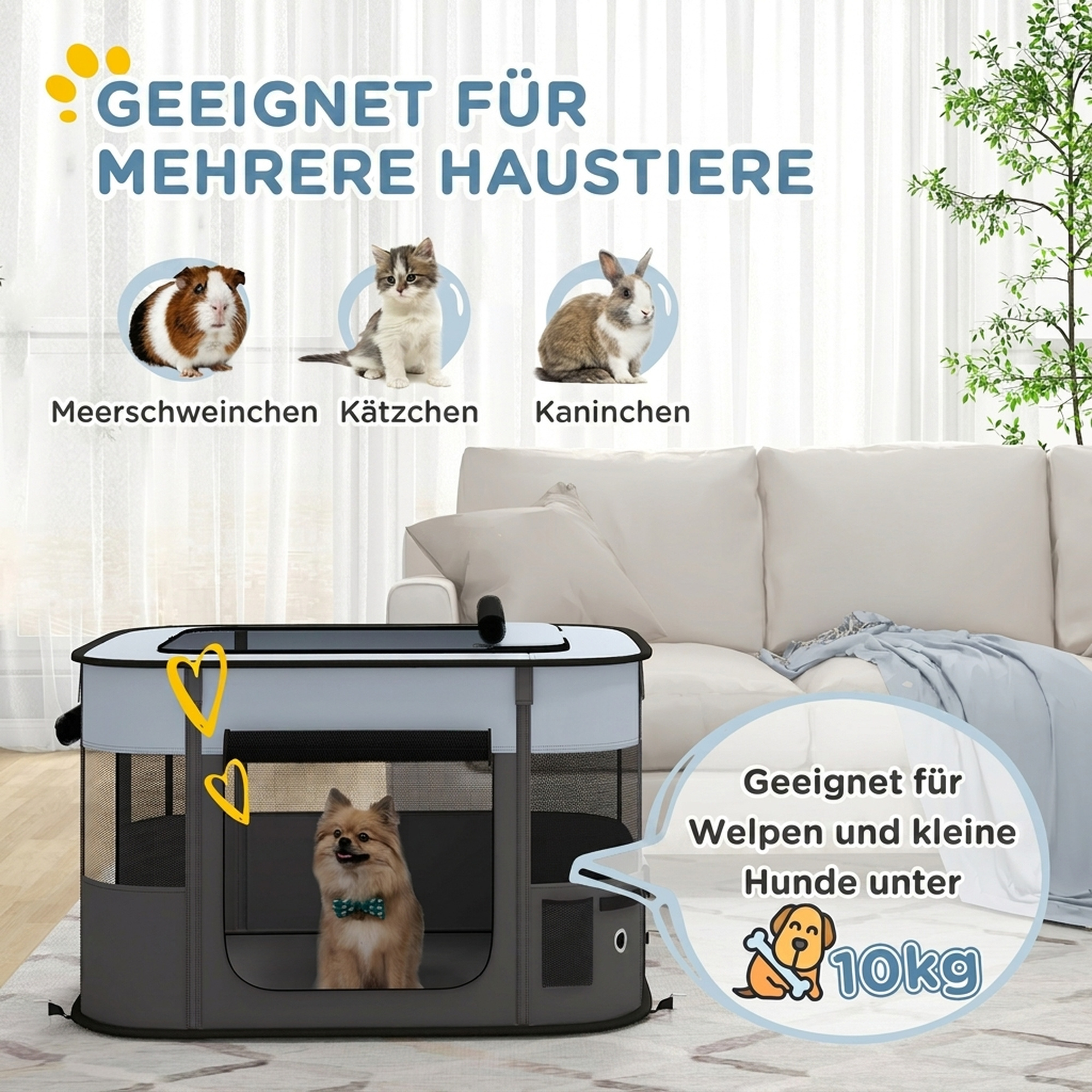 Spielgehege für Haustiere, faltbar, mit Aufbewahrungstasche, für Welpen und Kätzchen, drinnen und draußen, Grau
