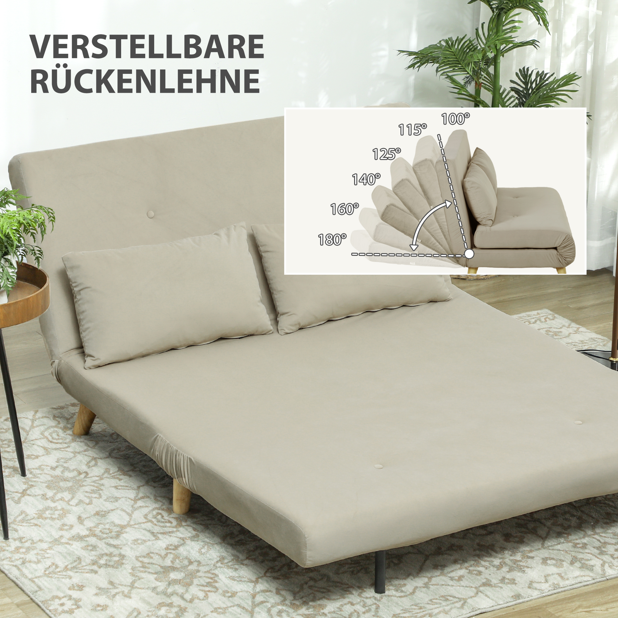 Schlafsofa Relaxsofa Sofa Couch, inkl. 2 Kissen, Samtoptik, 130 x 78 x 79 cm, Beige