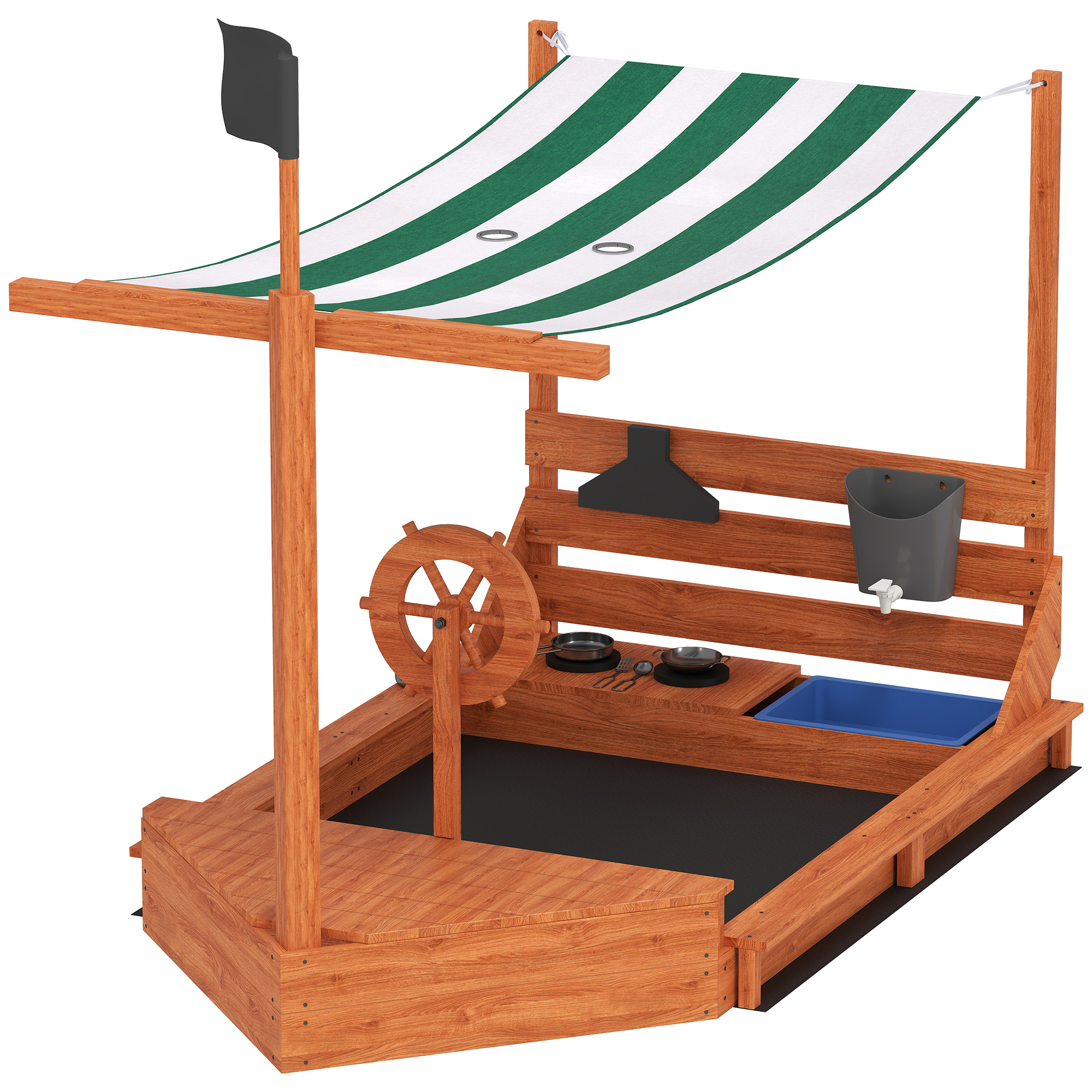 Sandkasten mit Sonnendach Piratenschiff, inkl. Kinderküchenspielset, Massivholz, 180 x 103 x 144,5 cm, Grün