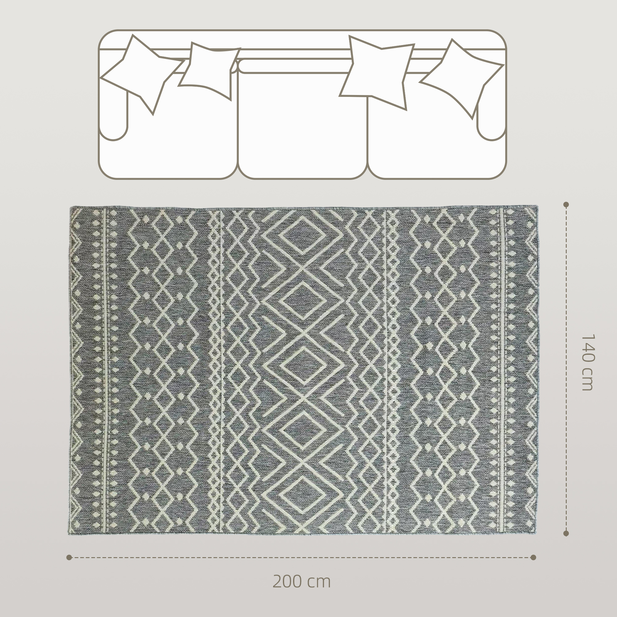 Teppich für drinnen und draußen, Boho-Design, leicht zu reinigen, Grau