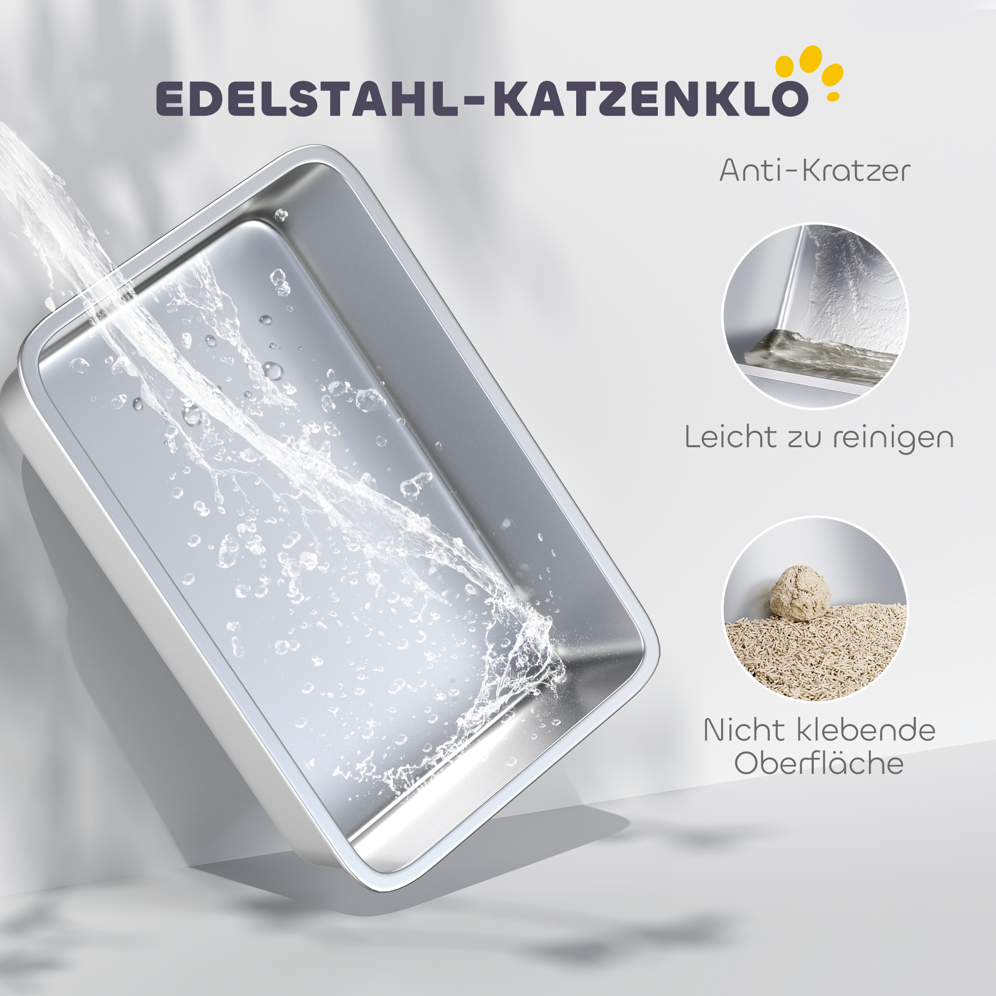 Katzentoilette, Edelstahl, XL-Innenraum, mit Schaufel, Hellgrau