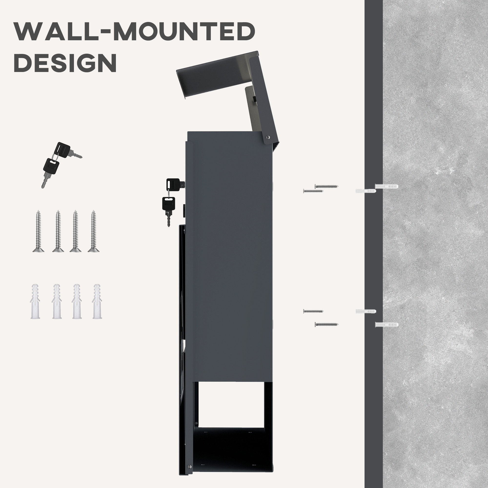 Briefkasten Wandmontage Wetterfest mit Zeitungshalter und 2 Schlüsseln für Außenwand, Dunkelgrau