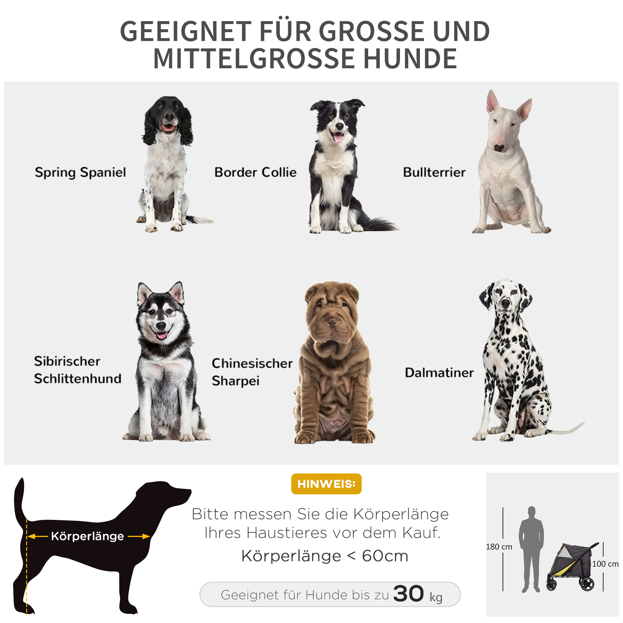 Hundetrolley bis 30kg klappbar One-klick-system 2 Sicherheitsleinen Aufbewahrungstaschen Gepolsterter Griff Dunkelgrau